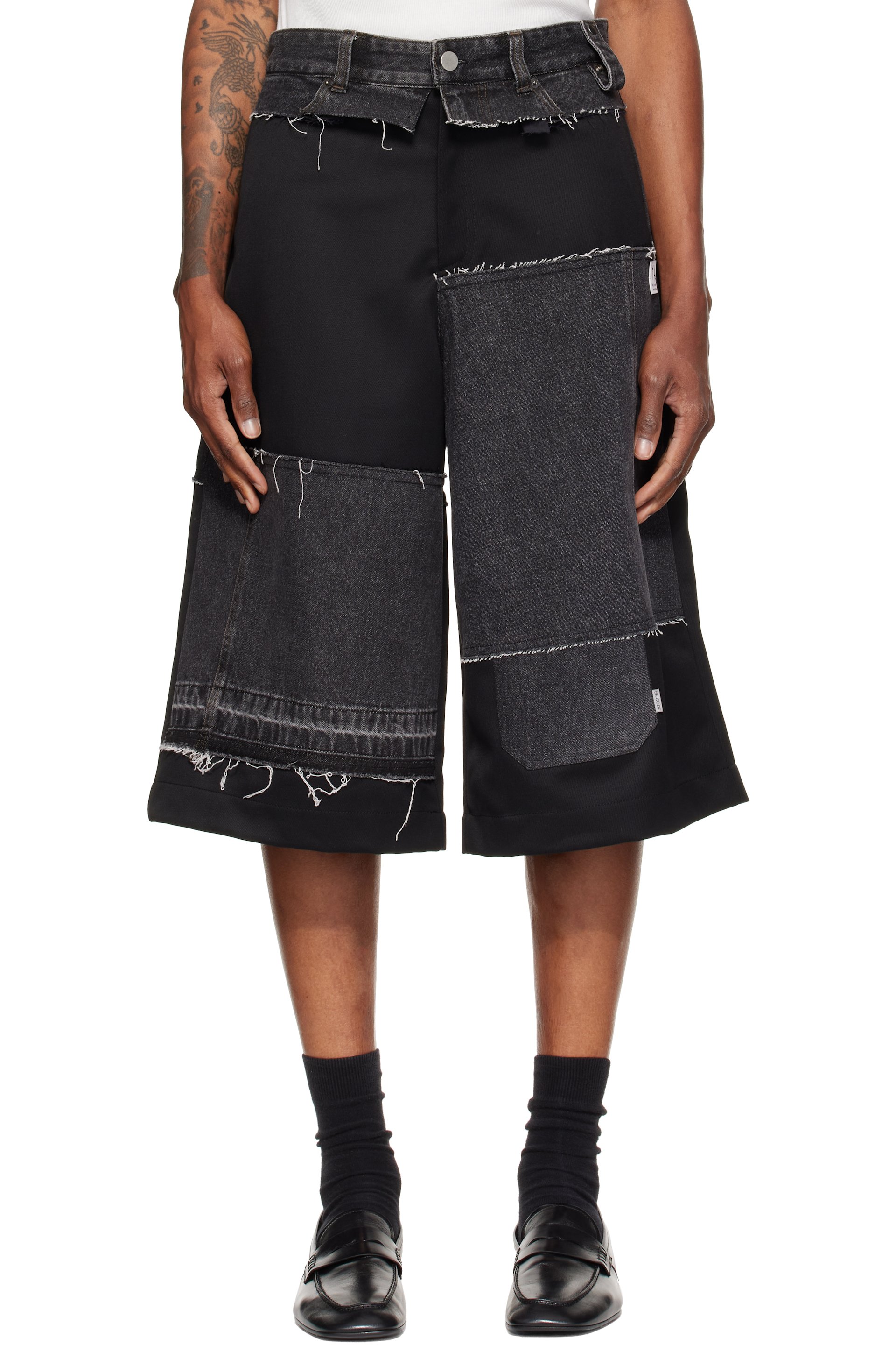 RE;CODE - Black Mixed Fabric Denim Shorts