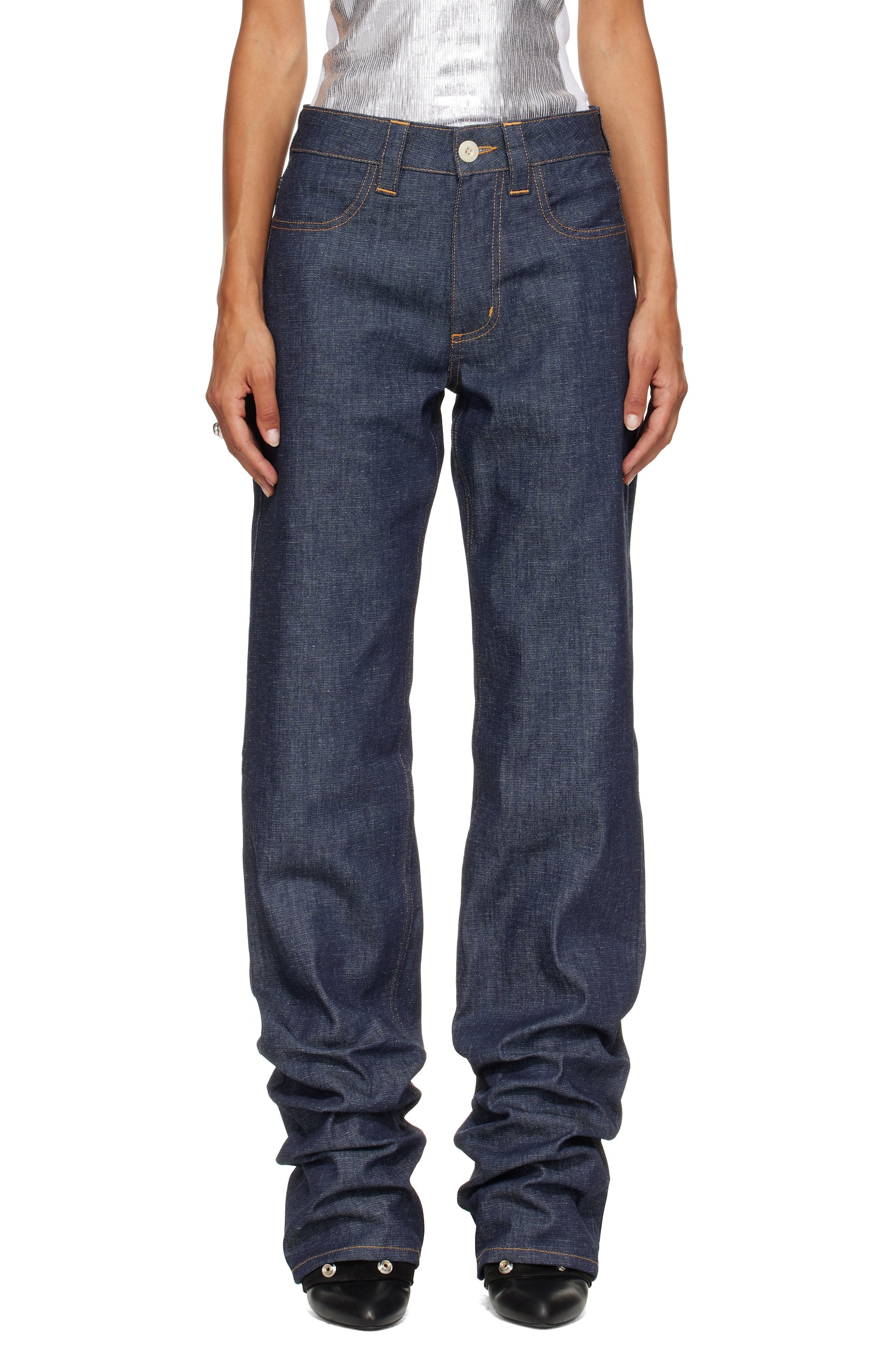 SECONDA - Blue Straight Leg Denim Raw Jeans