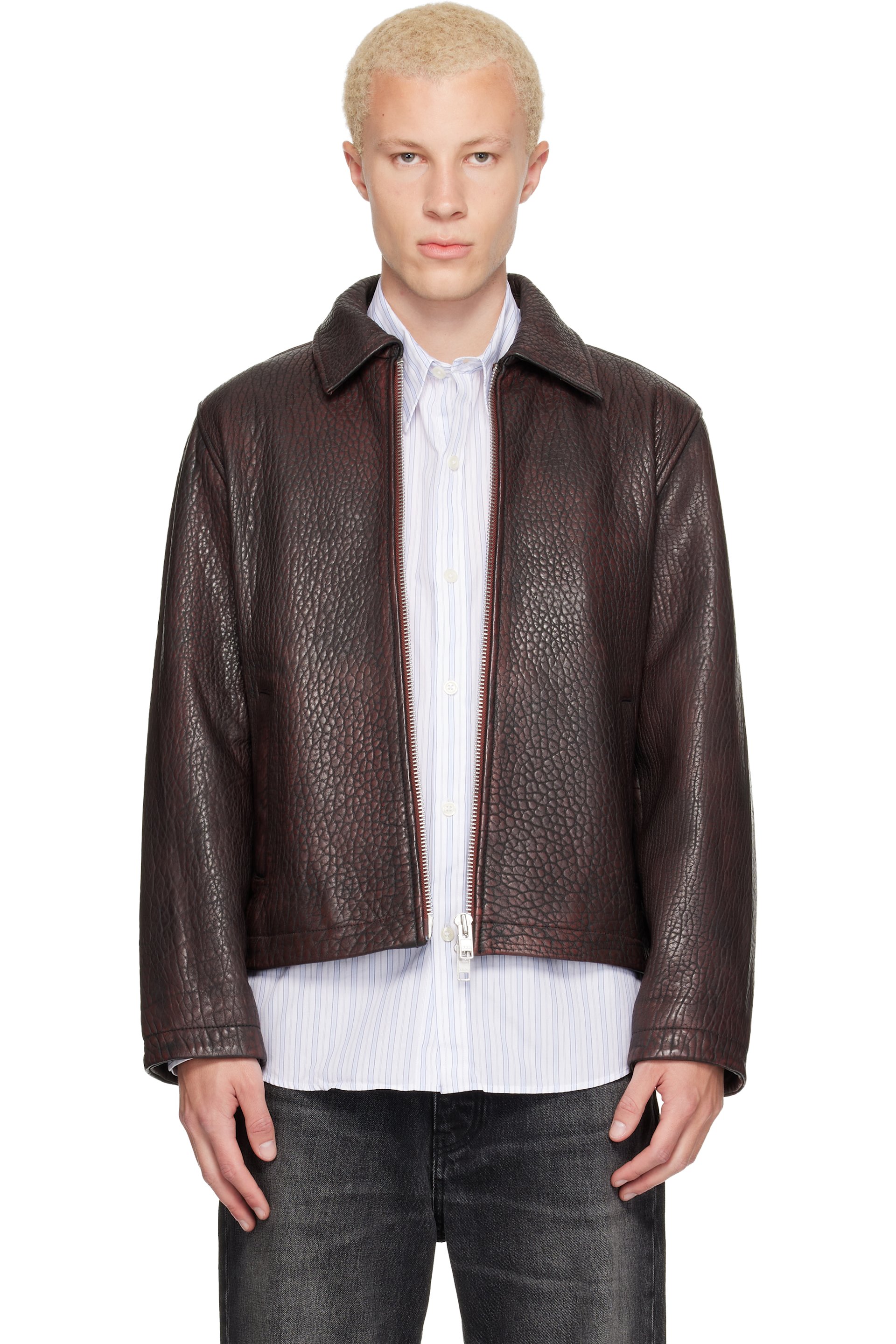 Sunflower - Blouson court bourgogne en cuir