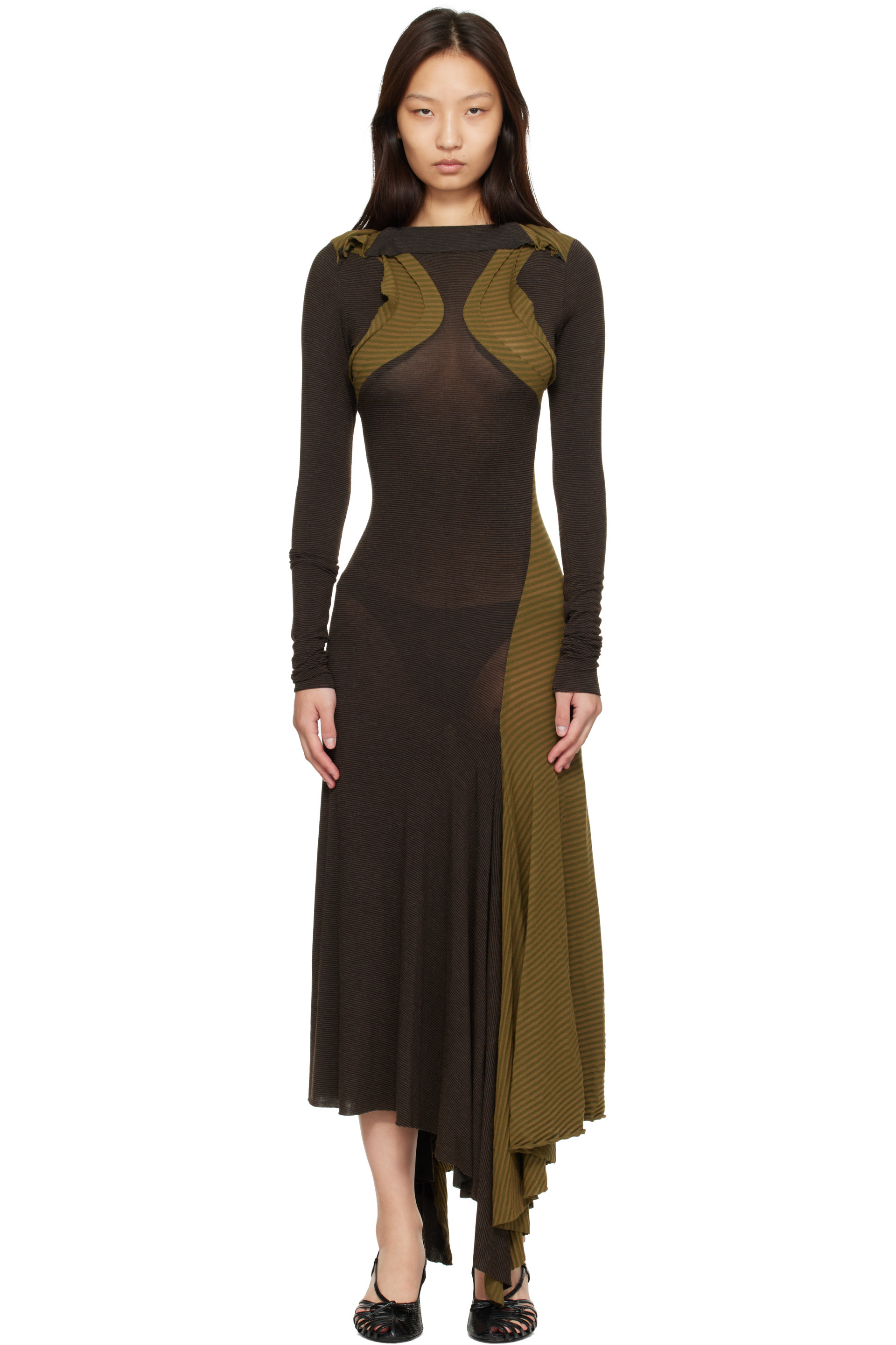 Edward Cuming - Khaki & Brown Collar Bone Jersey Midi Maxi Dress