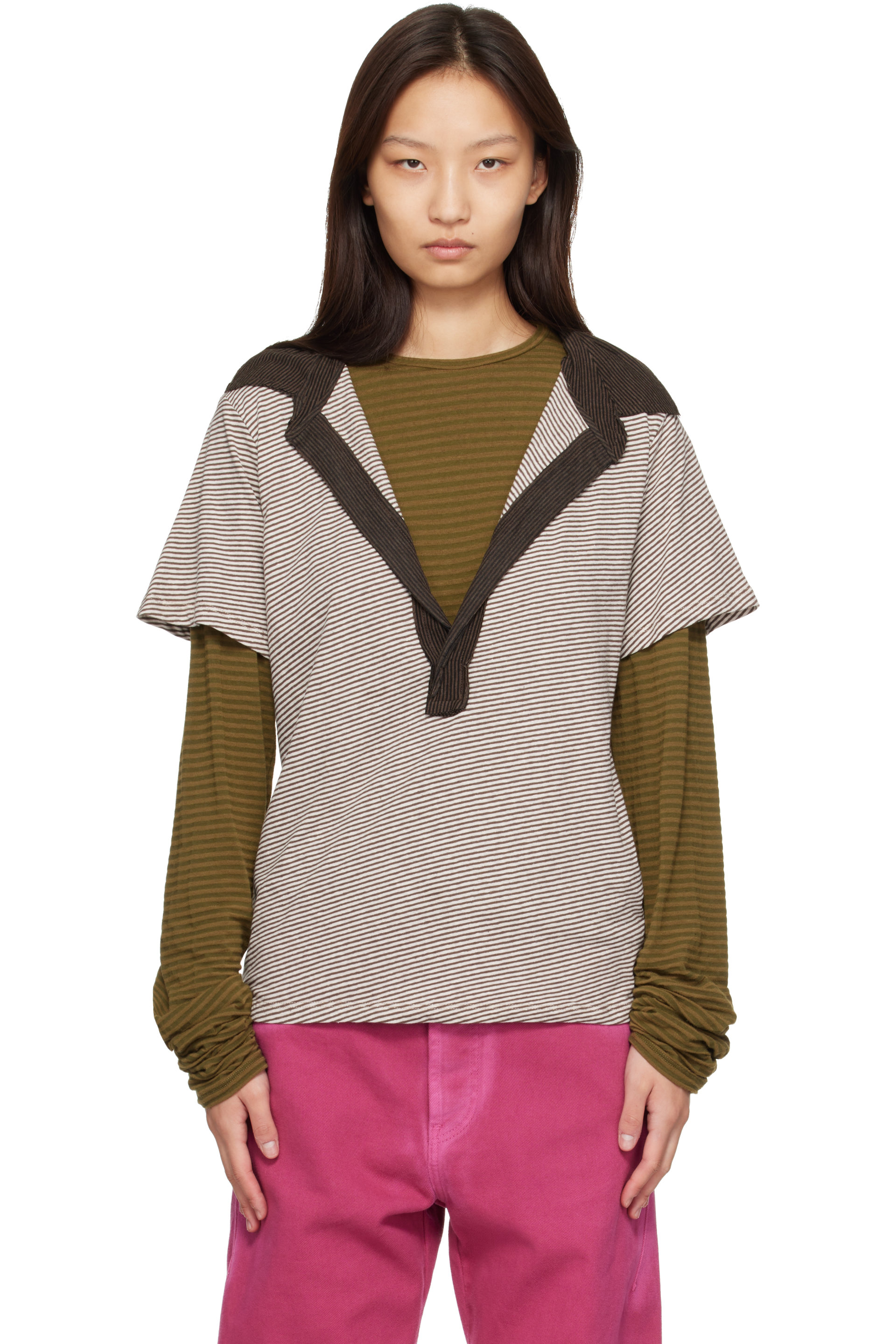 Edward Cuming - Khaki & Beige Double Layered Long Sleeve Polo