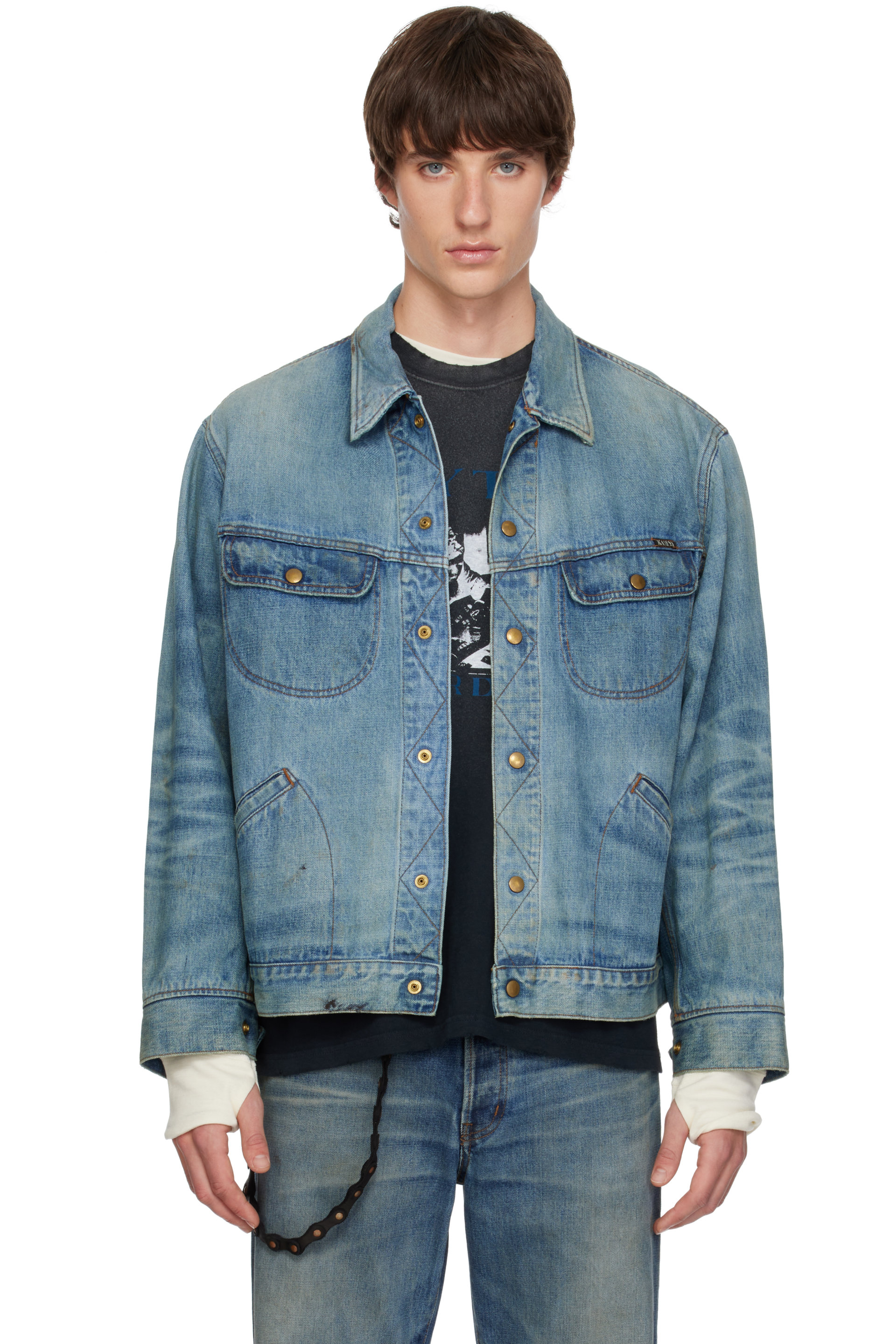 Kamiya - Blouson camionneur bleu en denim à effet usé