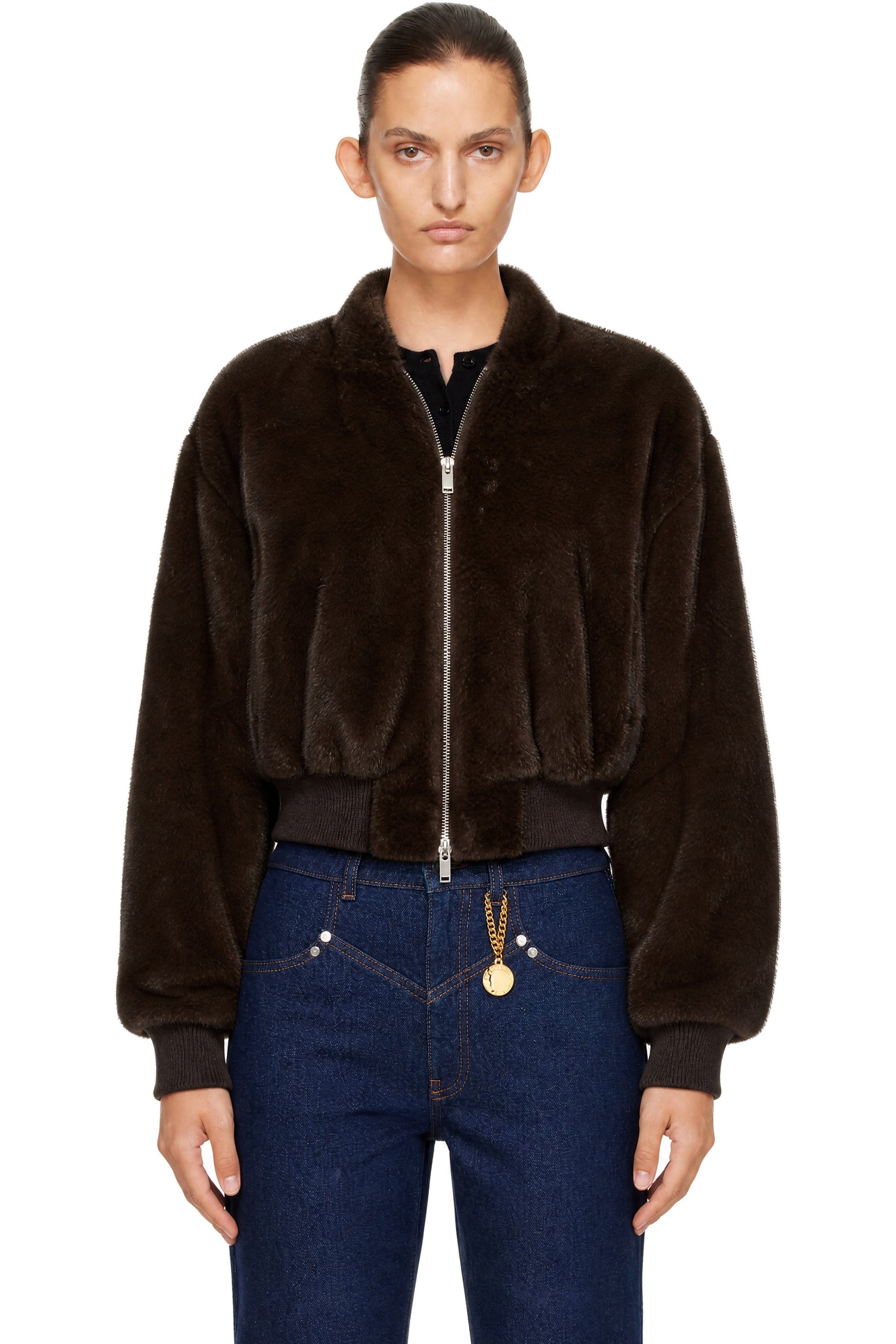 Stella McCartney - Brown Plush Mink Faux-Fur Bomber Jacket