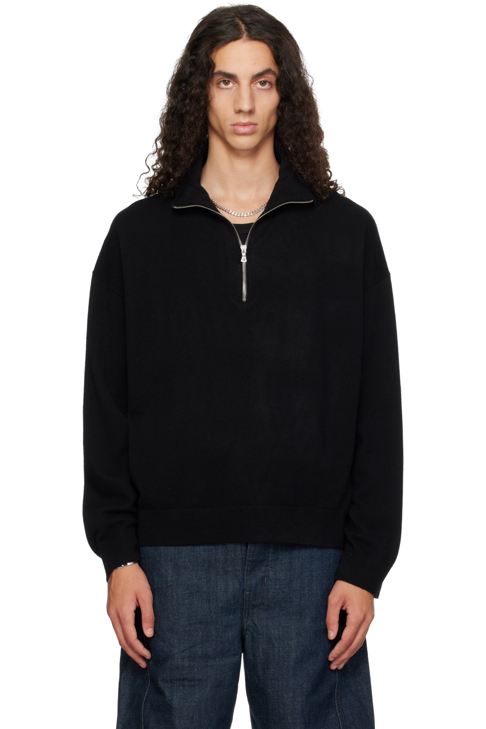 YACAIA - Black Y-0019 Half-Zip Merino & Cashmere Sweater
