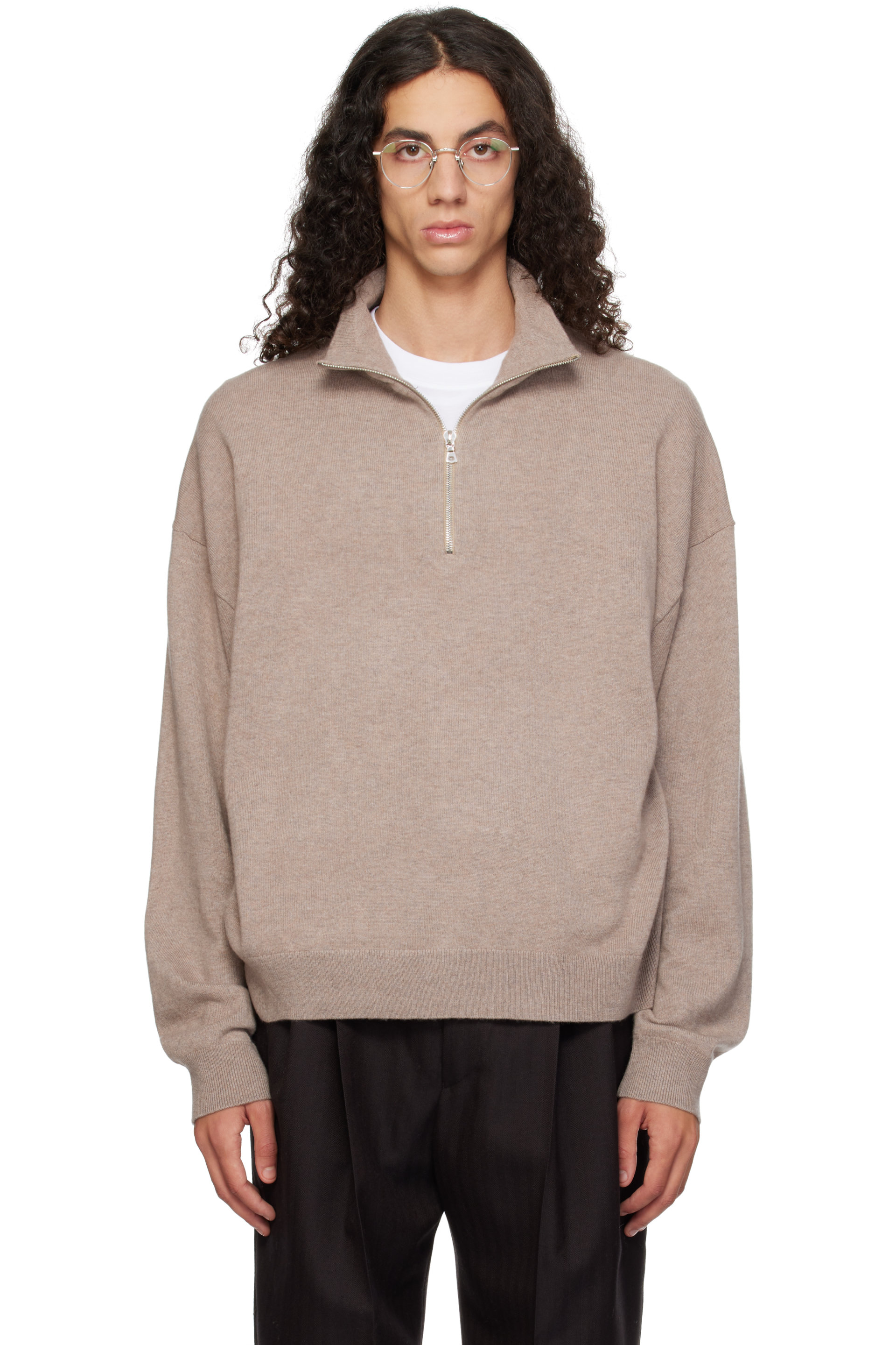 YACAIA - Beige Y-0019 Half-Zip Merino & Cashmere Sweater
