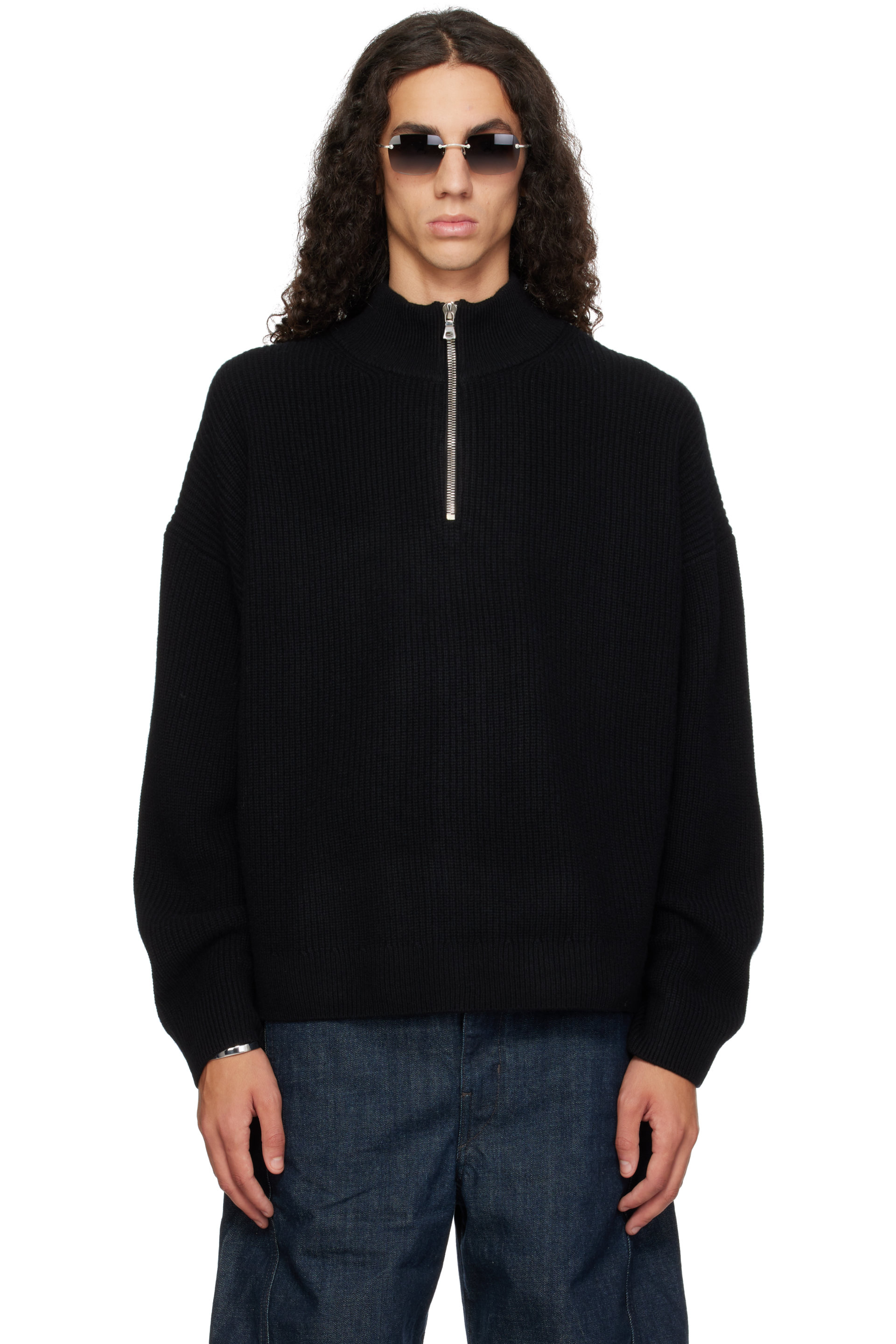 YACAIA - Black Y-0015 Oversized Ribbed Half-Zip Merino & Cashmere Sweater