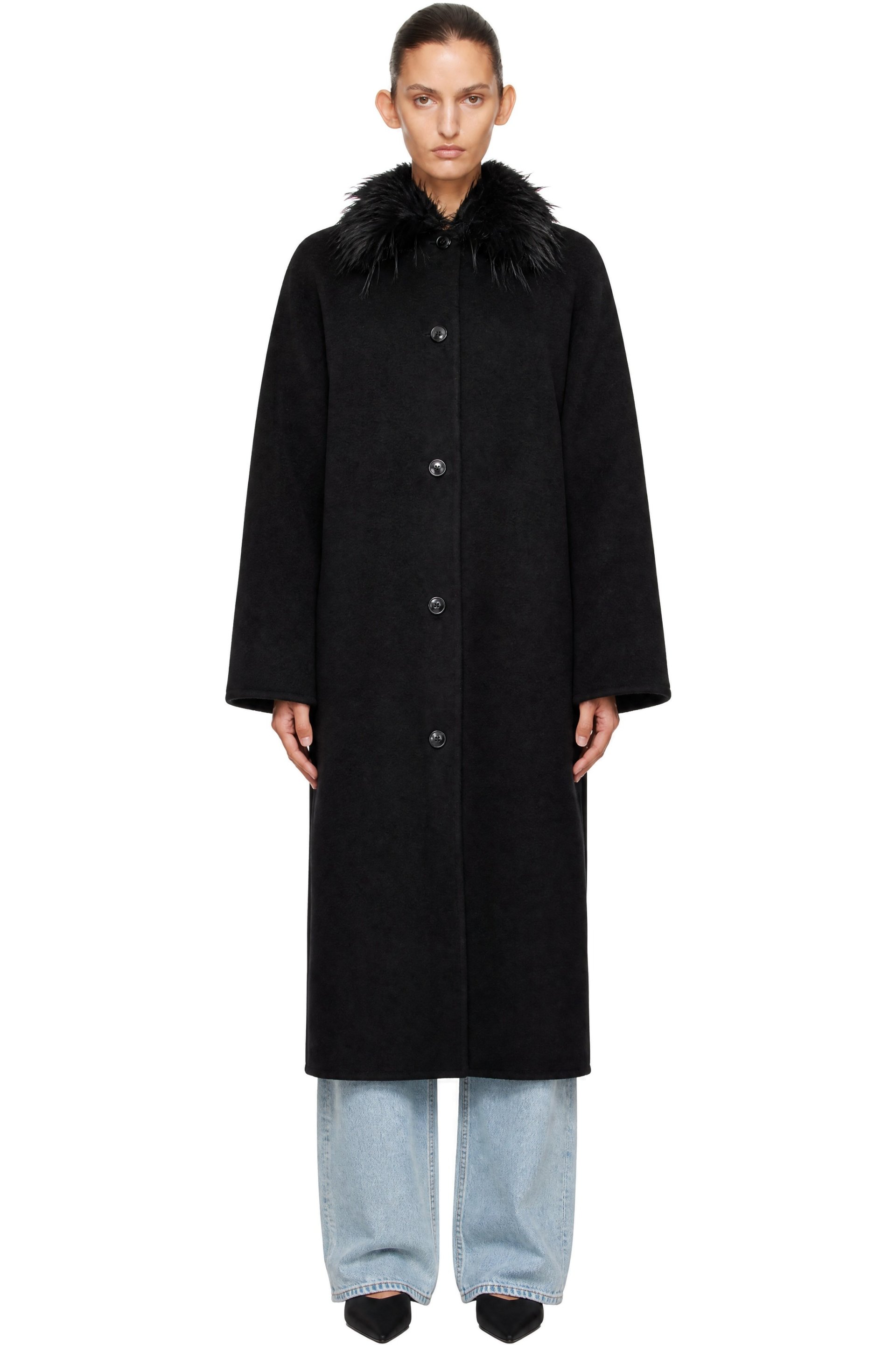 Loulou de Saison - Black Yrsa Detachable Faux-Fur Collar Coat