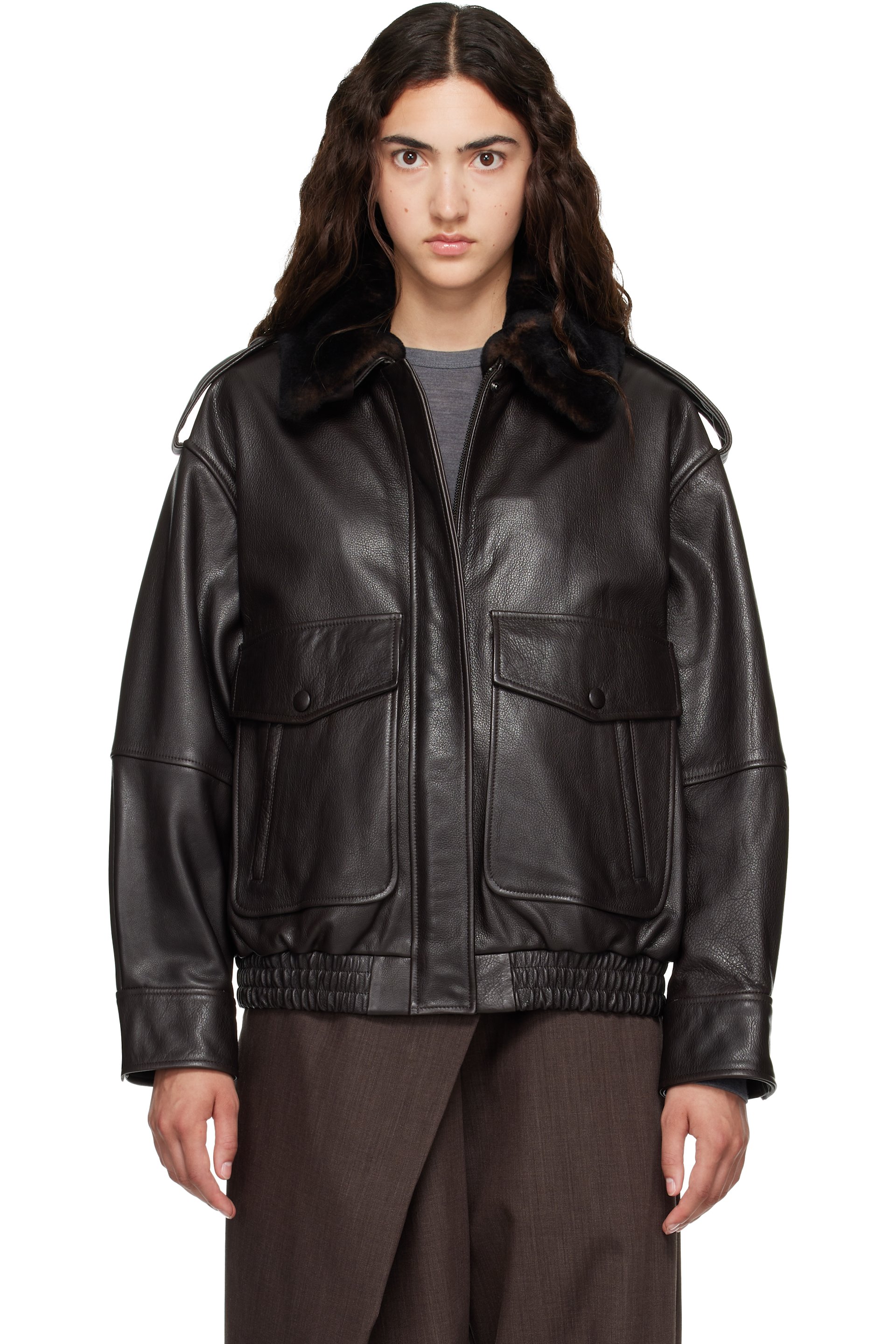 Loulou de Saison - Brown RUSSO Leather Bomber Jacket