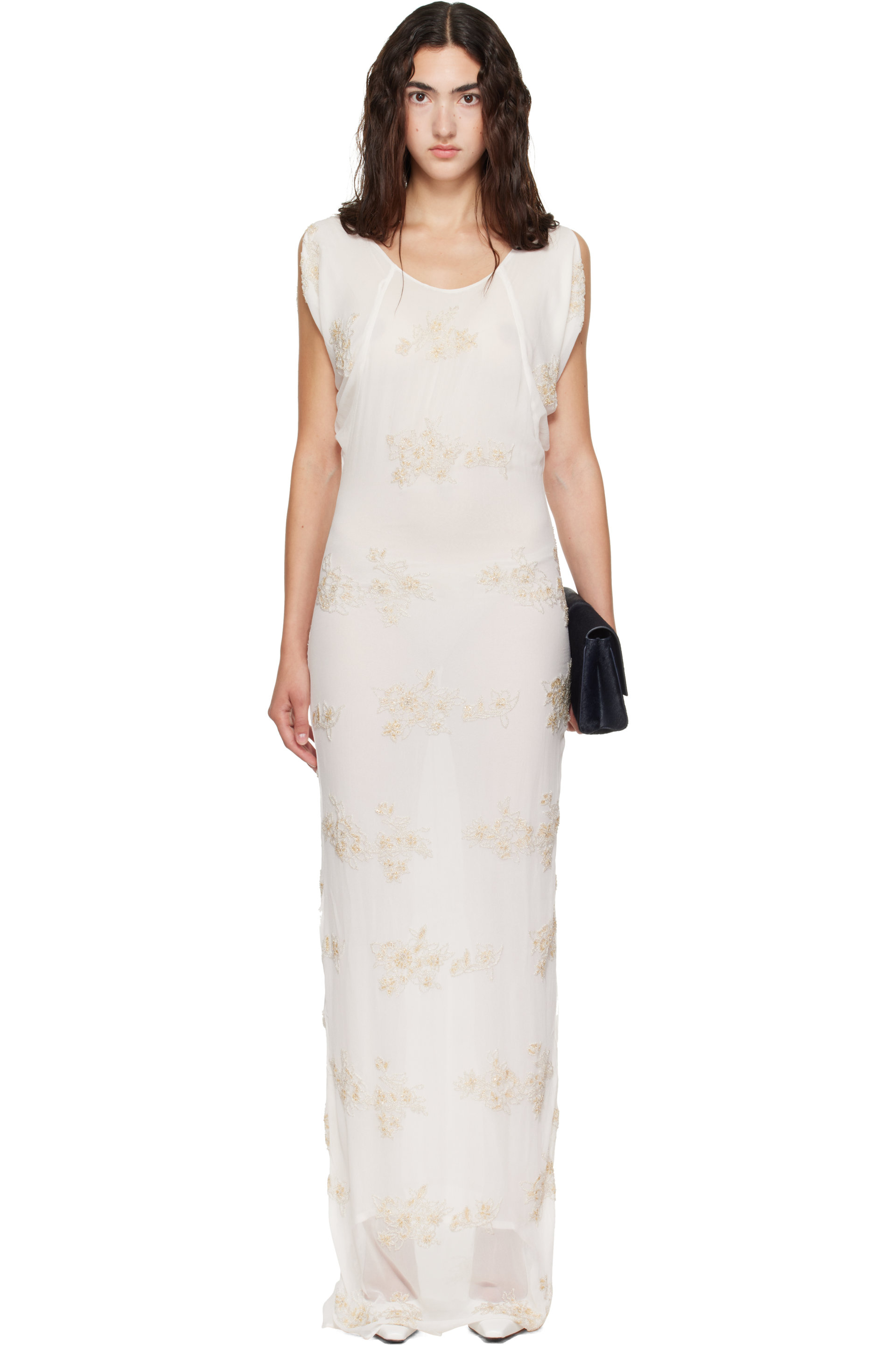 Kanika Agarwal - SSENSE Exclusive Off-White Embroidered Raglan Maxi Dress
