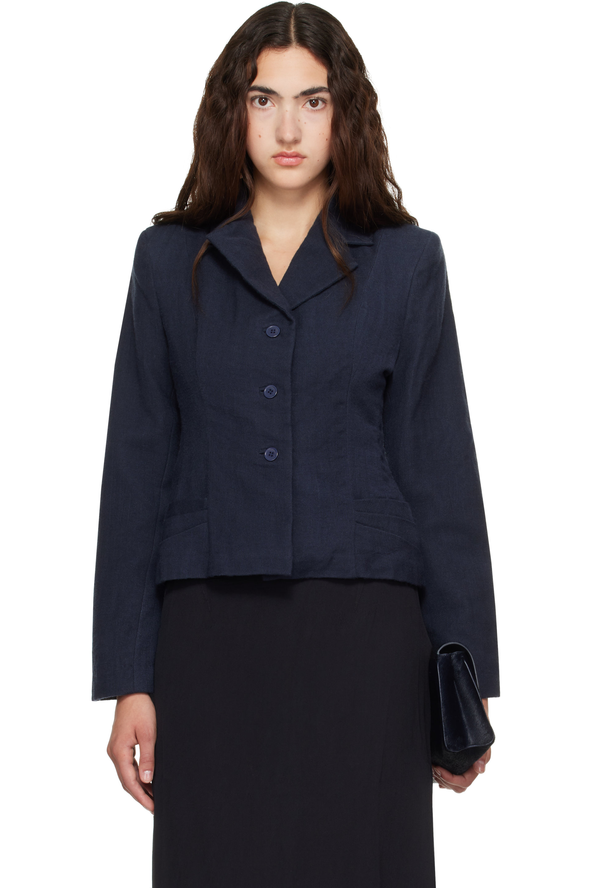Kanika Agarwal - SSENSE Exclusive Navy Structured Wool Blazer