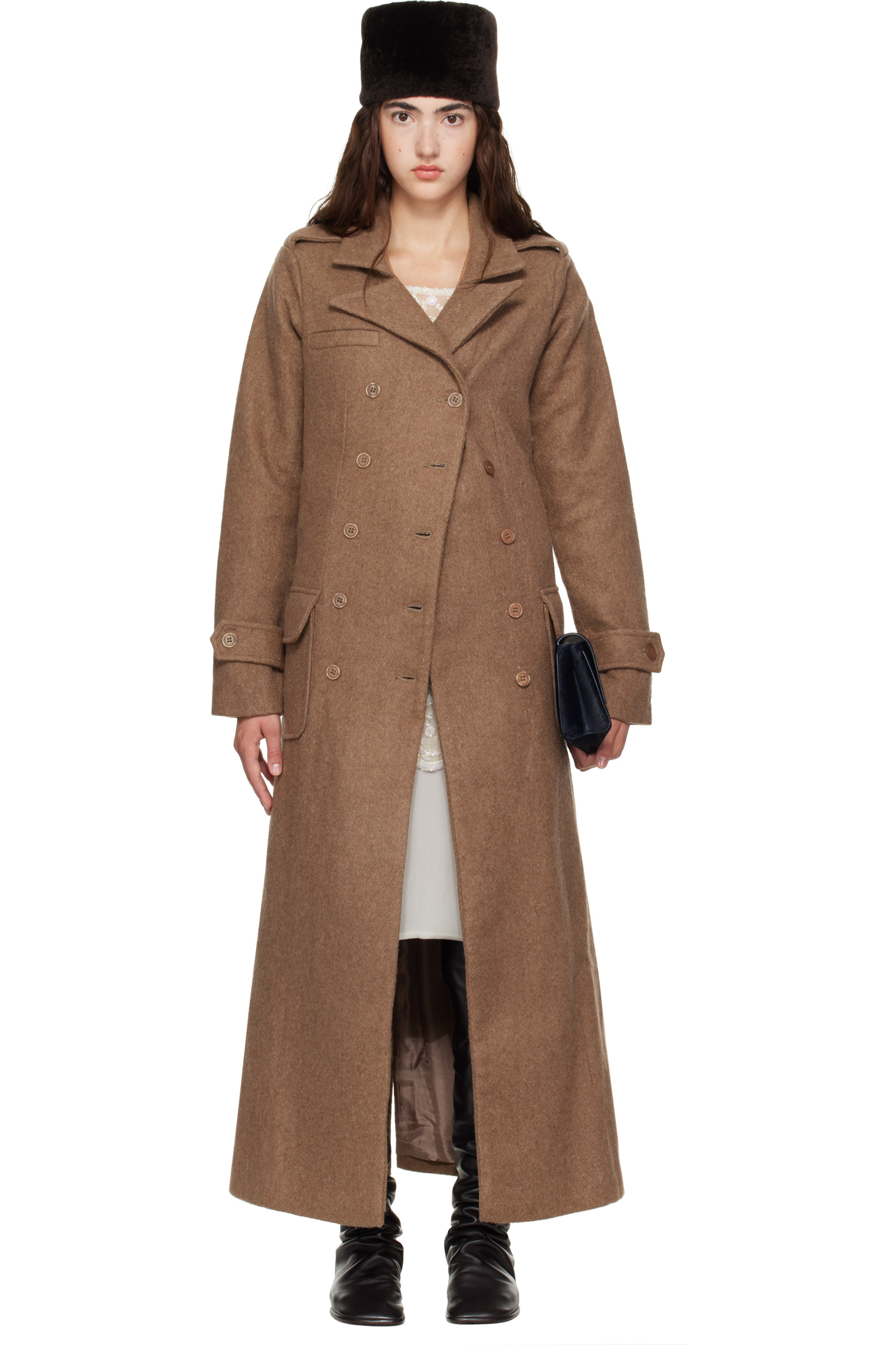 Kanika Agarwal - SSENSE Exclusive Brown Wool Column Coat