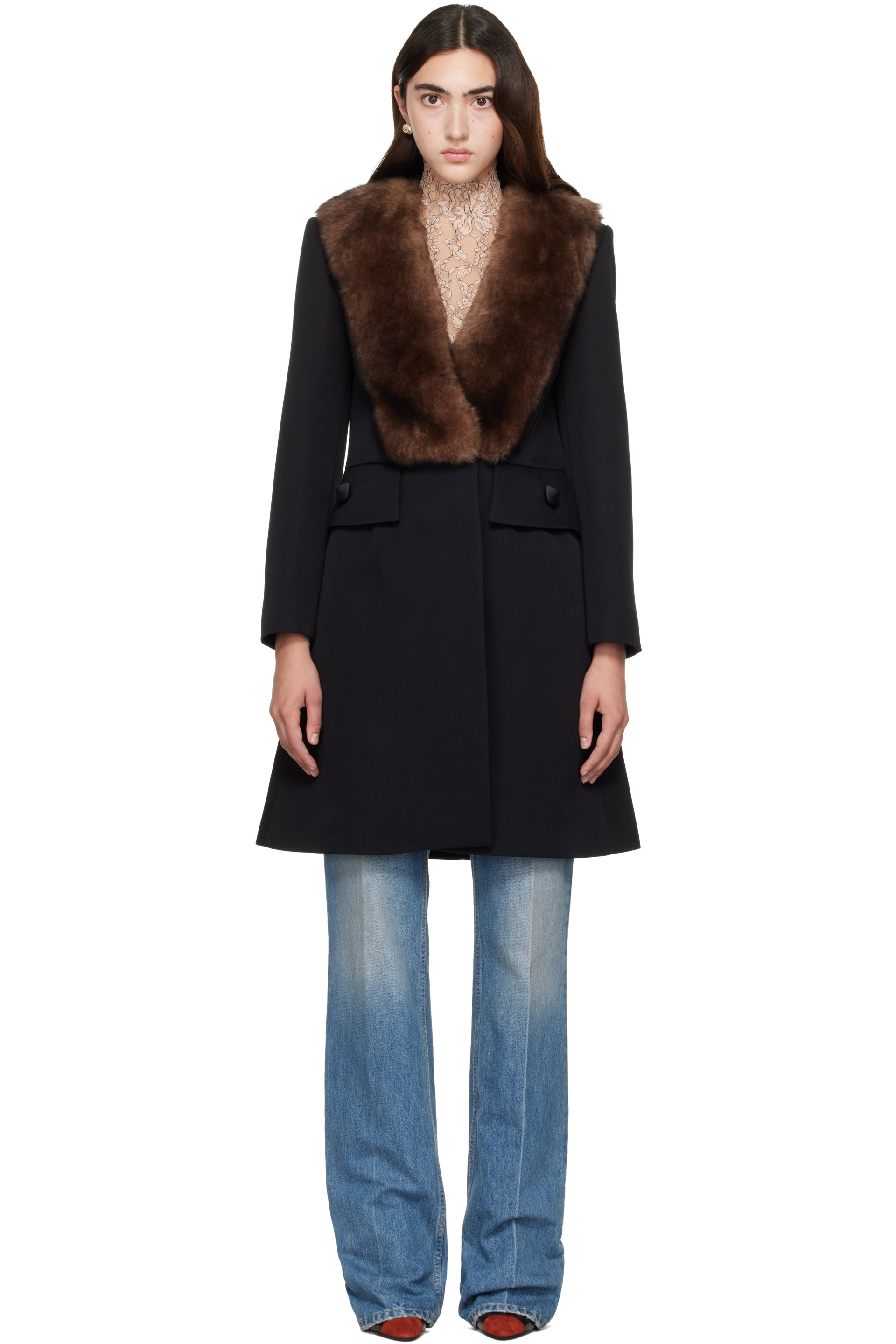Valentino - Black Shearling Collar Coat
