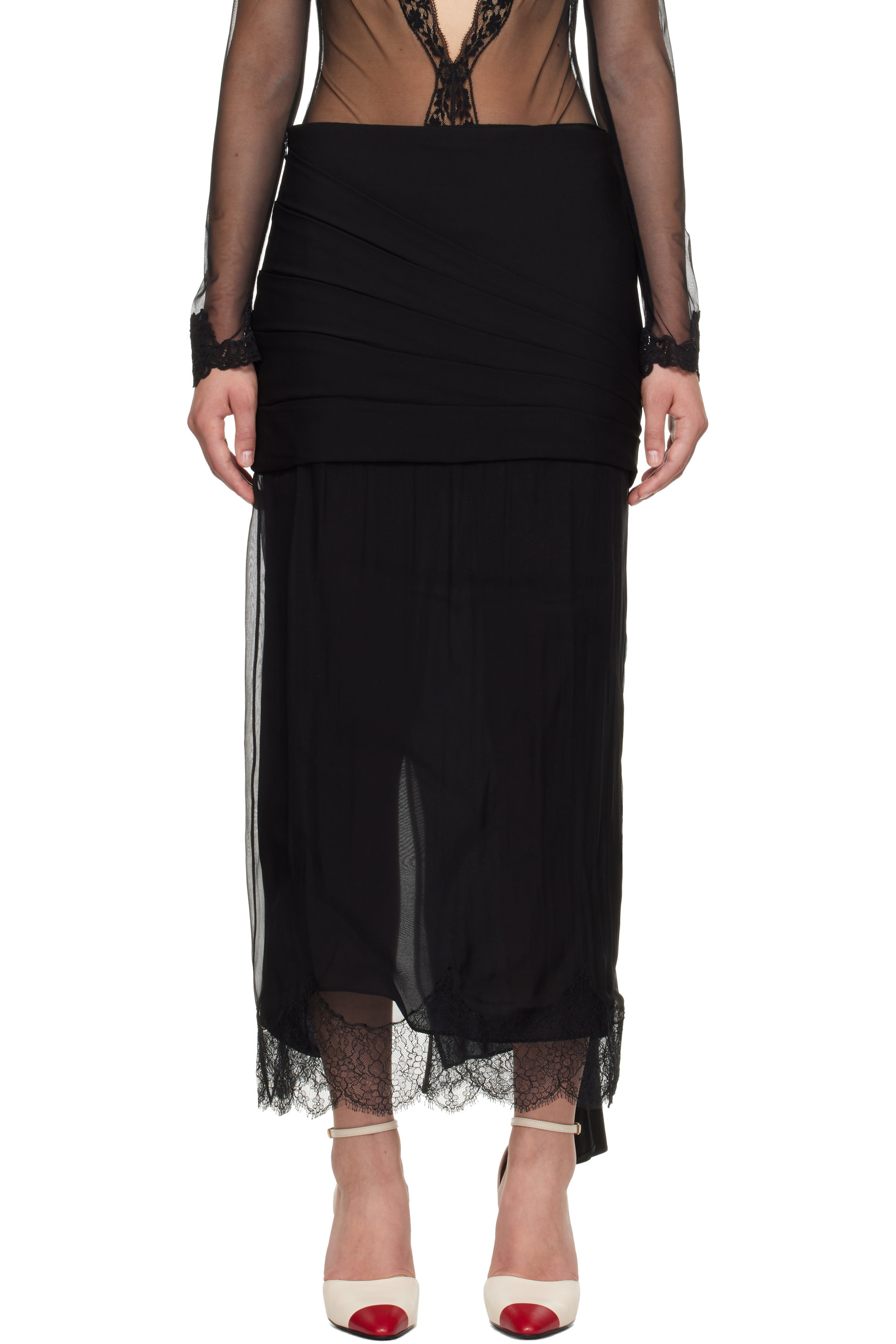 Valentino - Black Solid Georgette Maxi Skirt