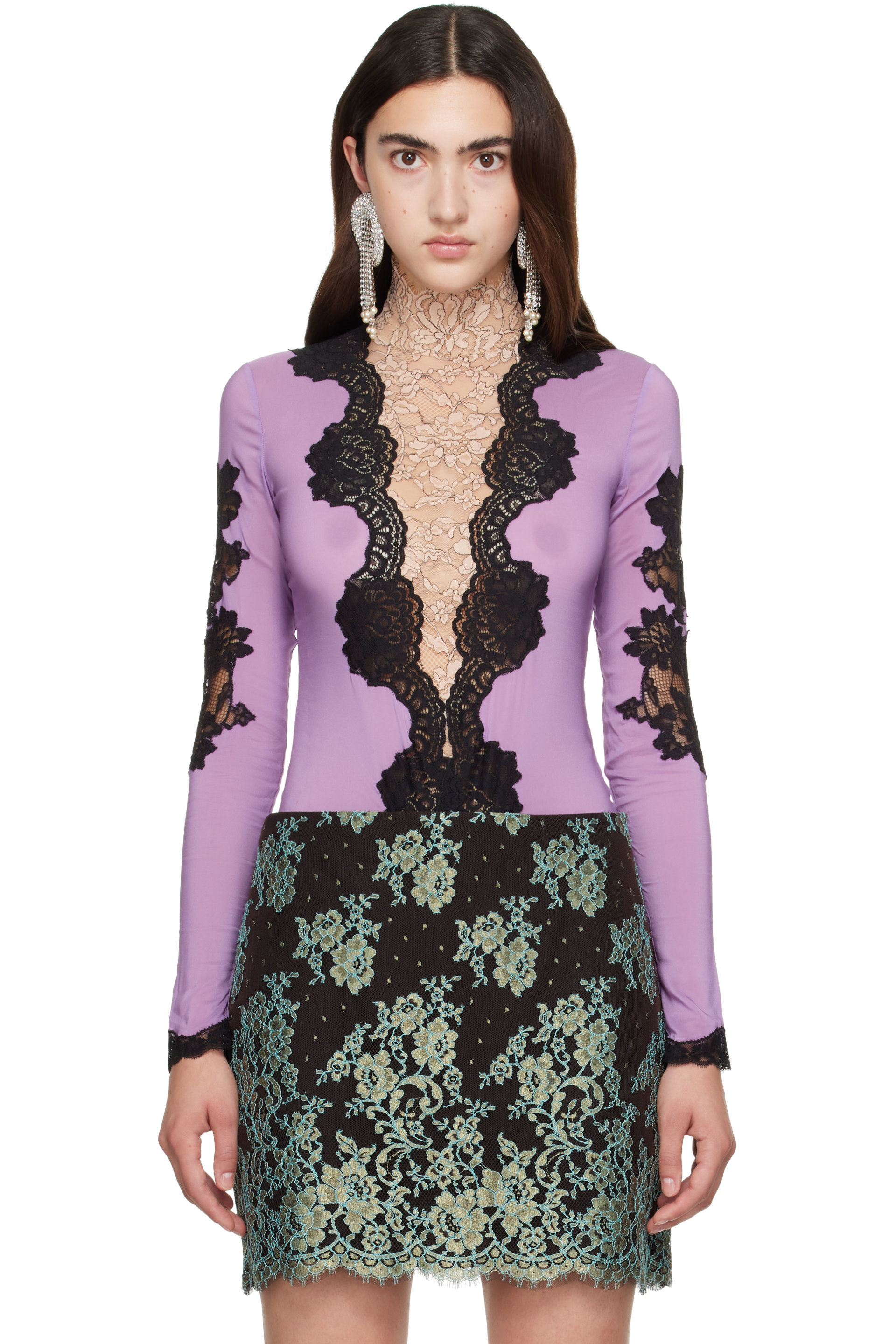 Valentino - Purple Jersey Lace Bodysuit