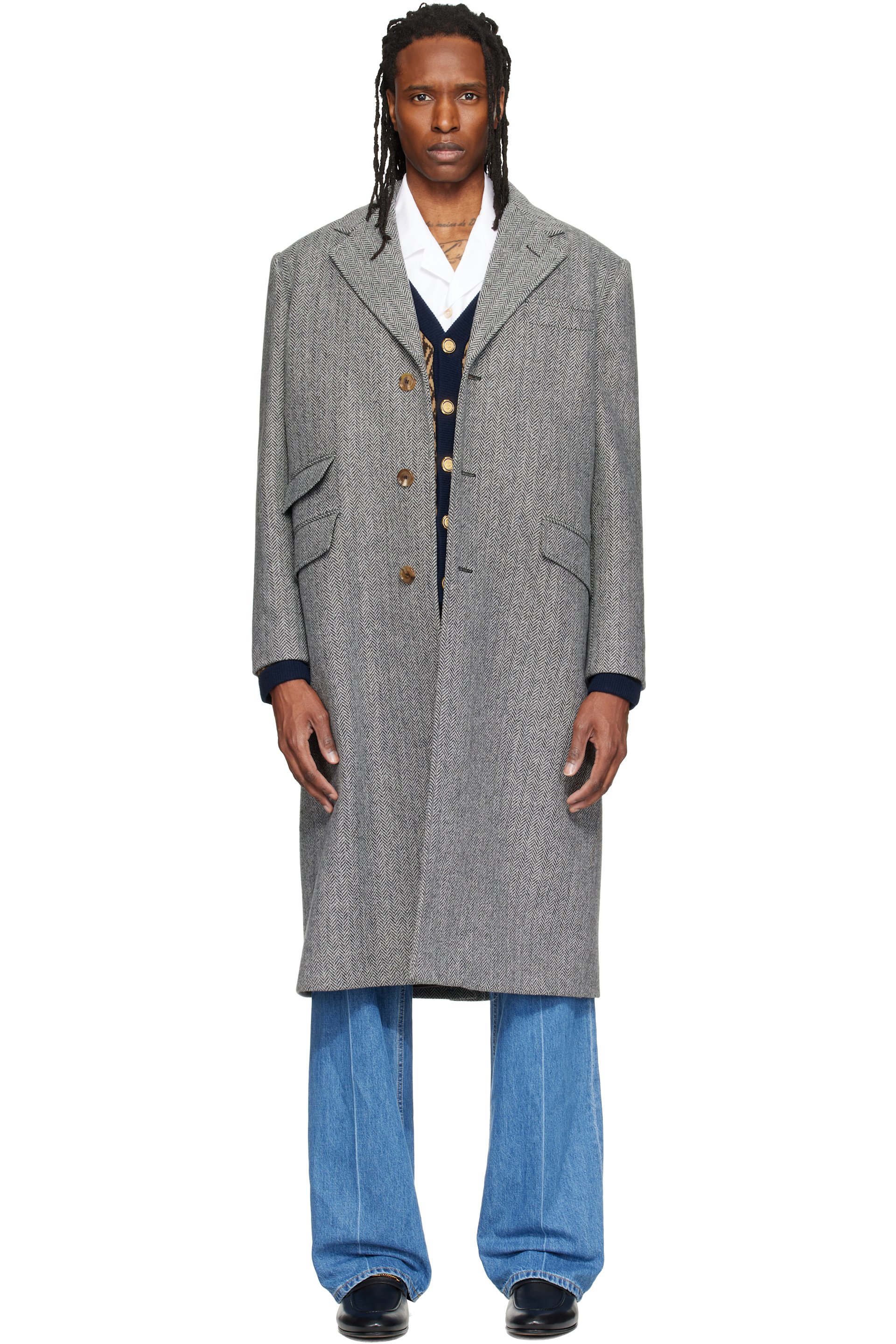 Valentino - Gray Wool Herringbone Coat