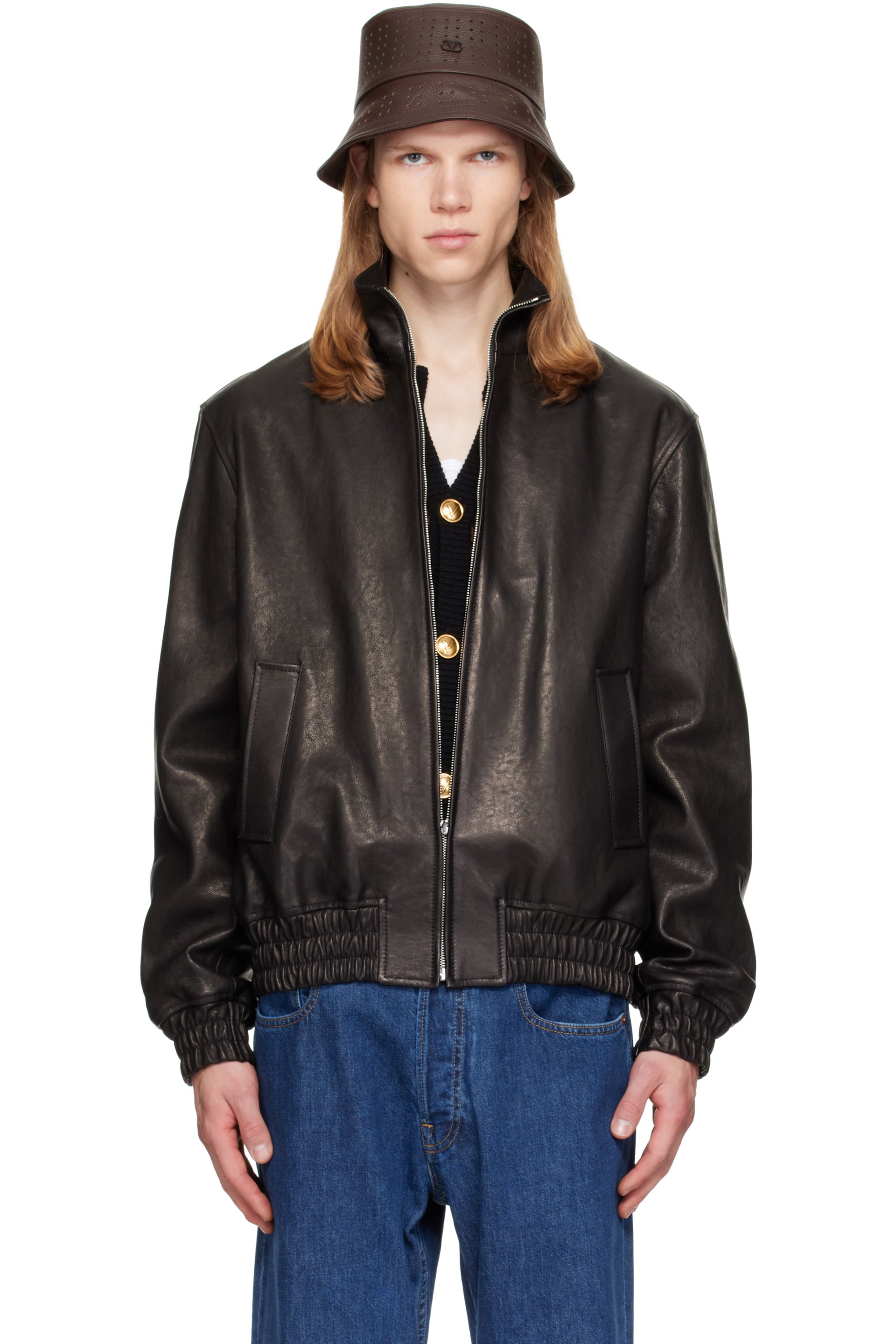Valentino - Black High Neck Leather Jacket