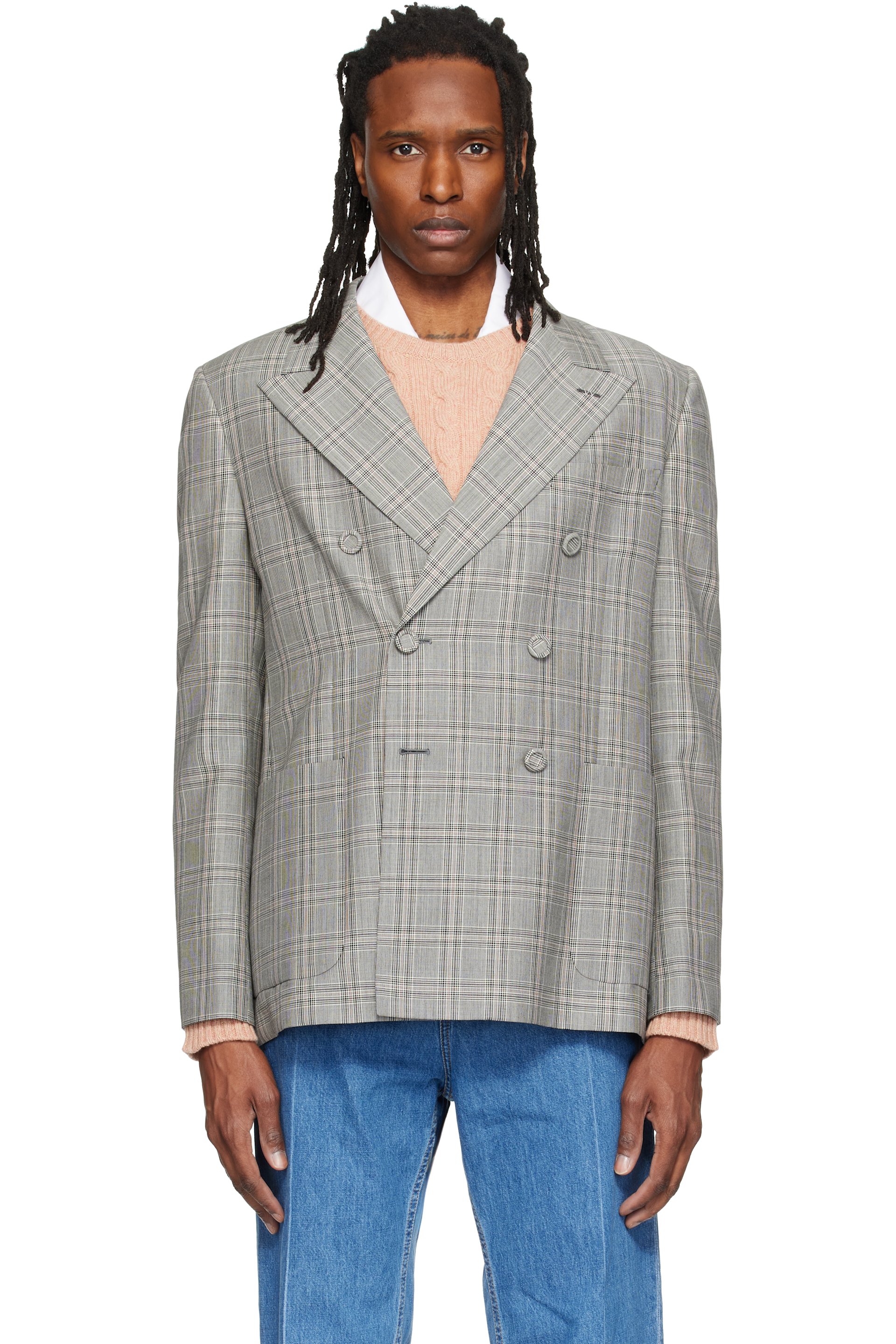 Valentino - Gray Double-Breasted Mohair Wool Check Blazer