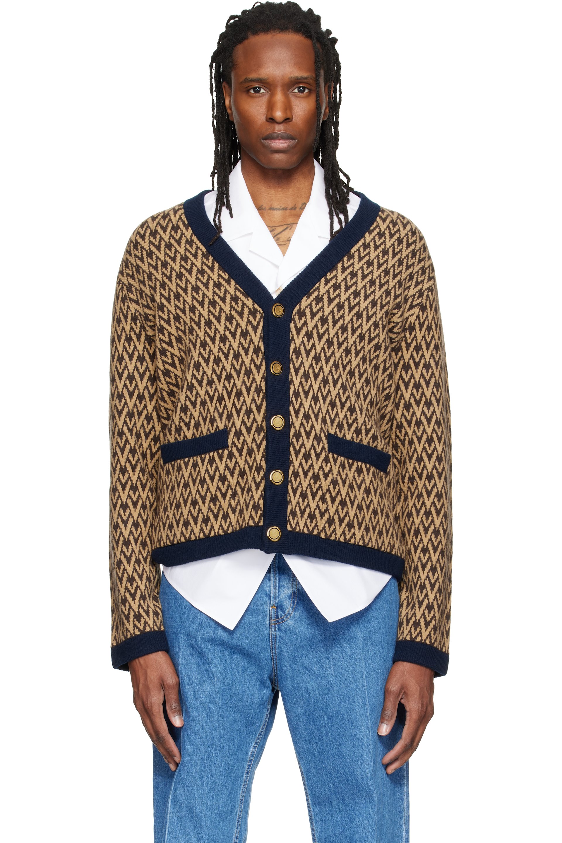 Valentino - Beige & Navy Jacquard Logo Wool Cardigan