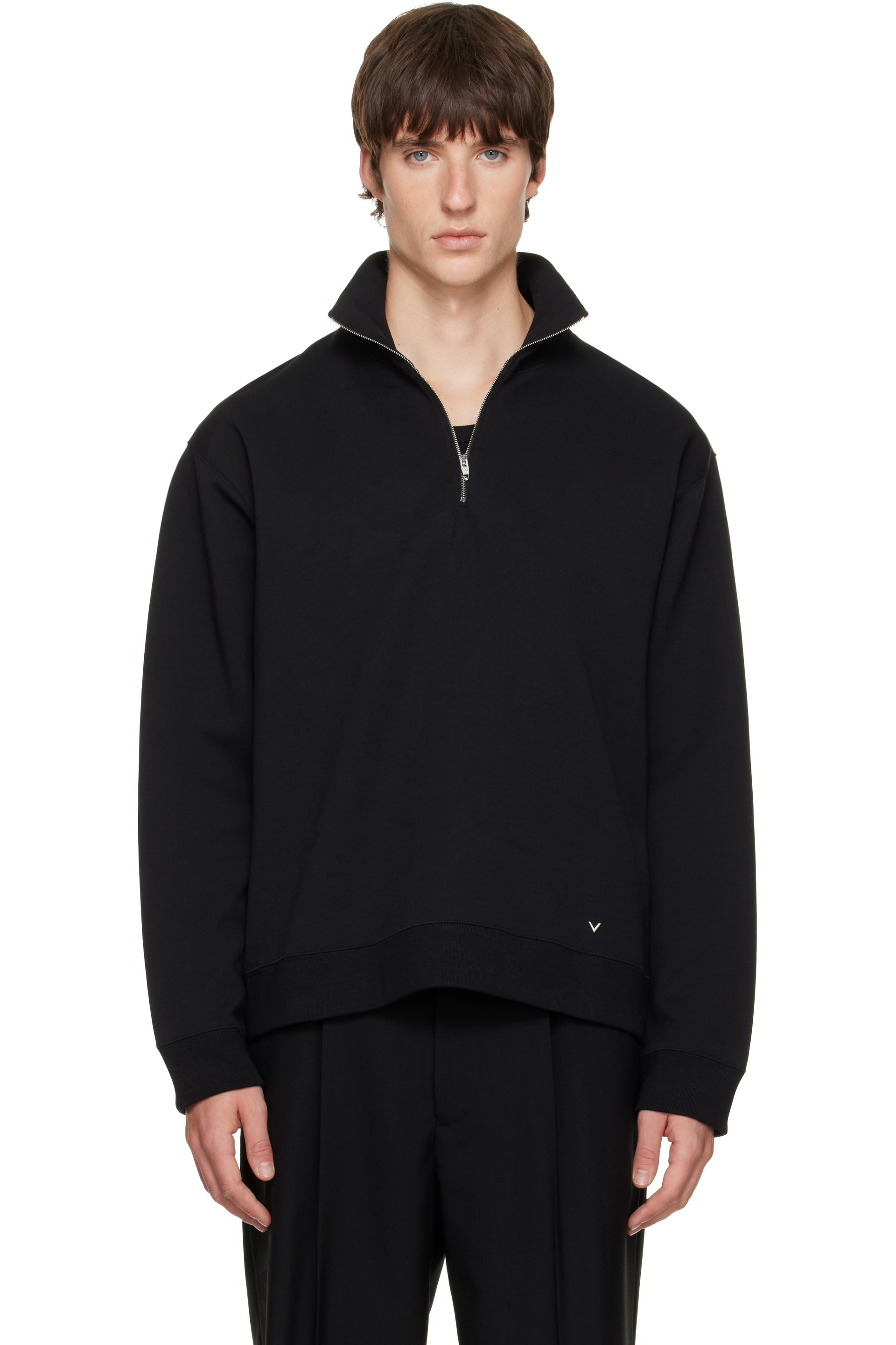 Valentino - Black Cotton Quarter-Zip 'V' Badge Sweatshirt