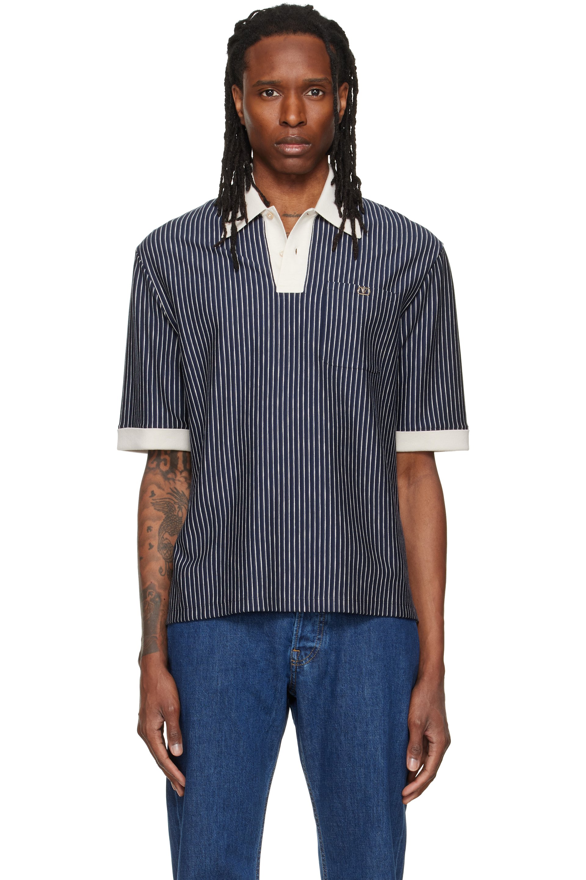Valentino - Navy Striped VLogo Embroidery Polo