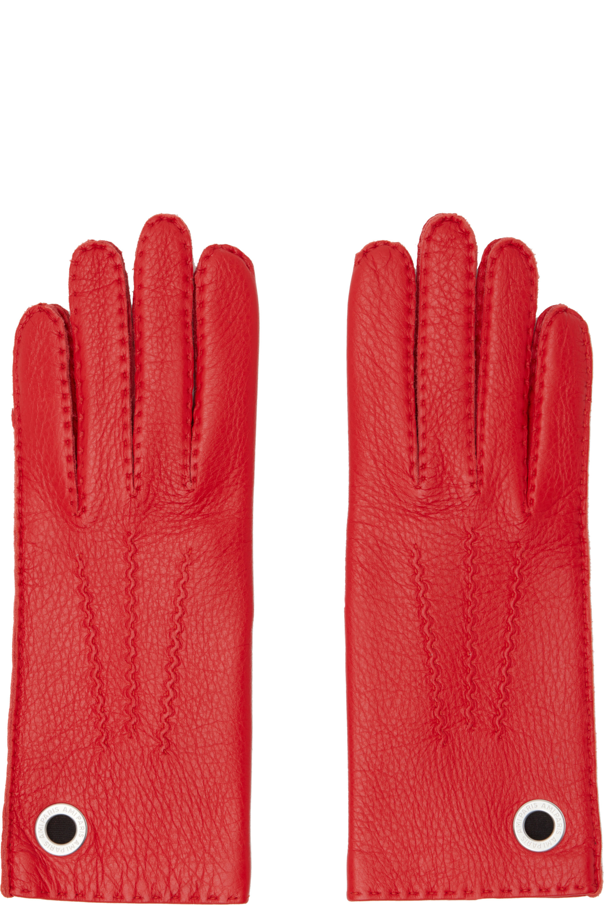 AMI Paris - Red Grained Leather Gloves