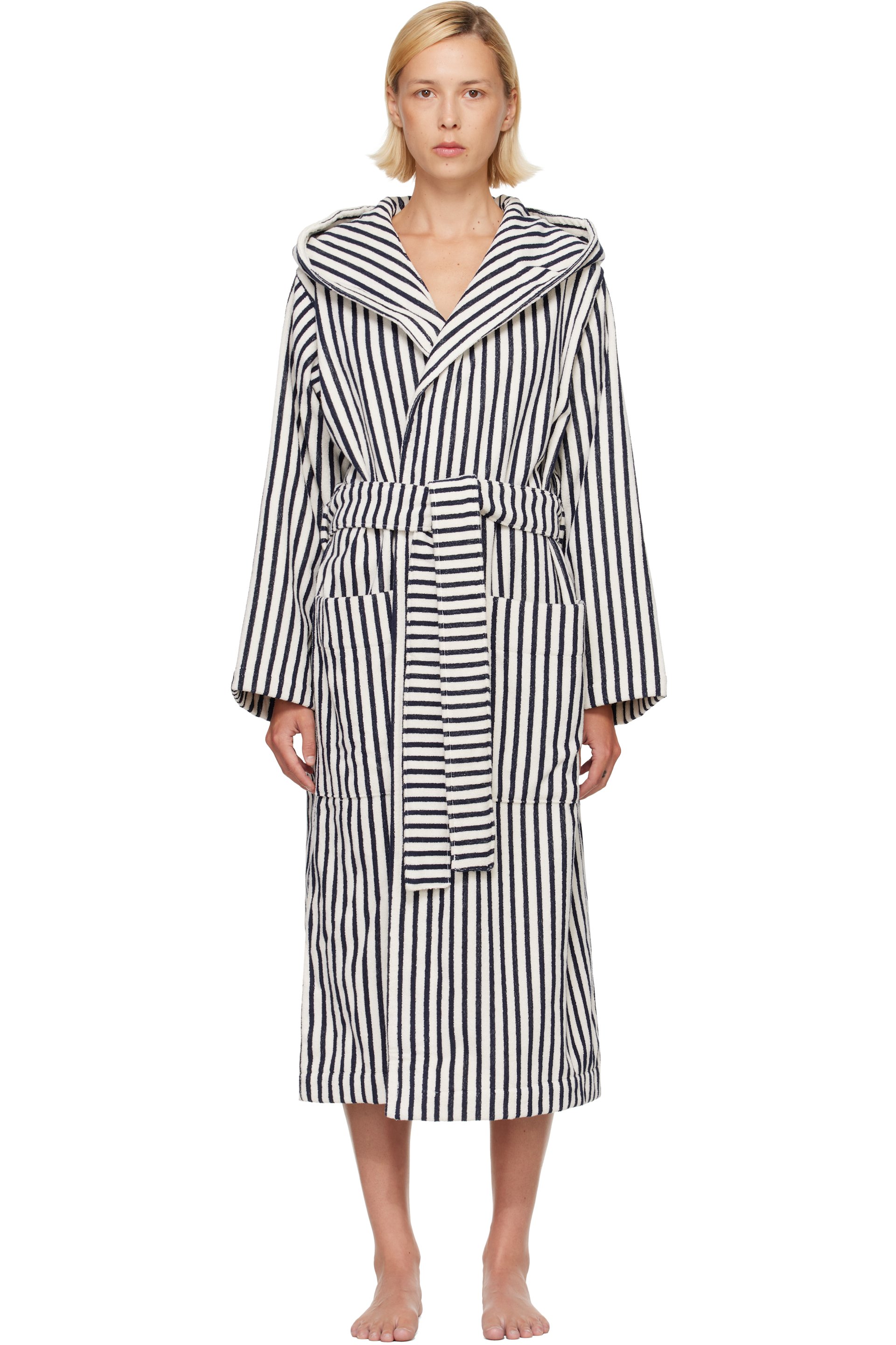 Tekla - Navy & White Terry Hooded Bathrobe