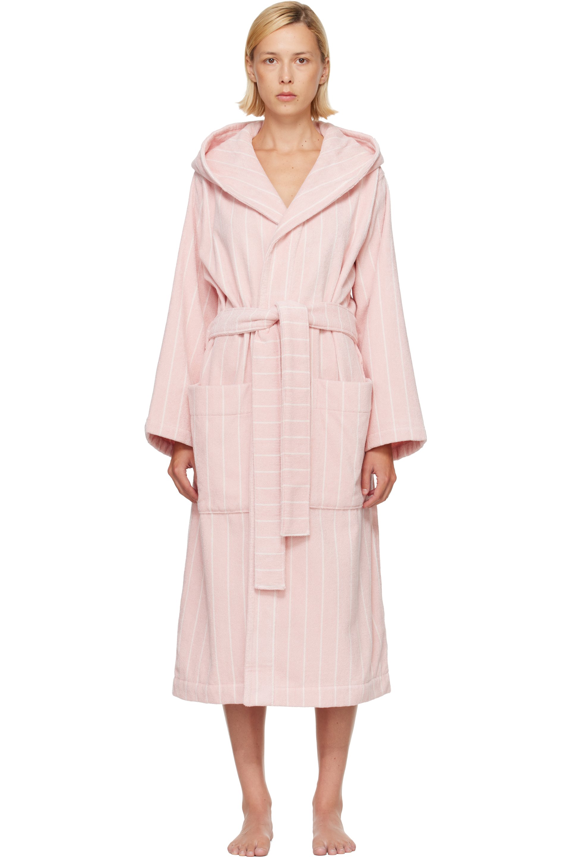 Tekla - Pink & White Terry Hooded Bathrobe