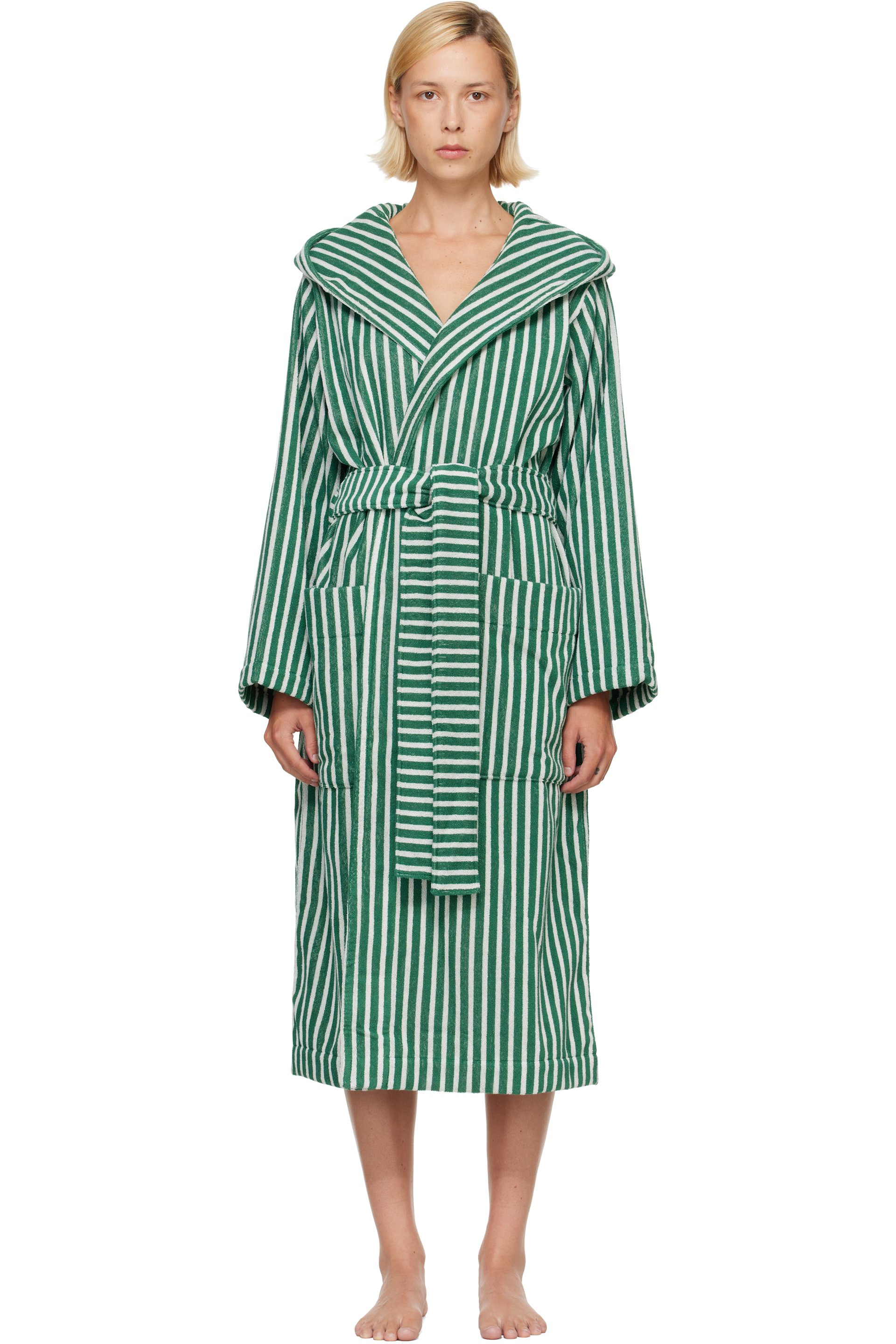 Tekla - Green & White Terry Hooded Bathrobe