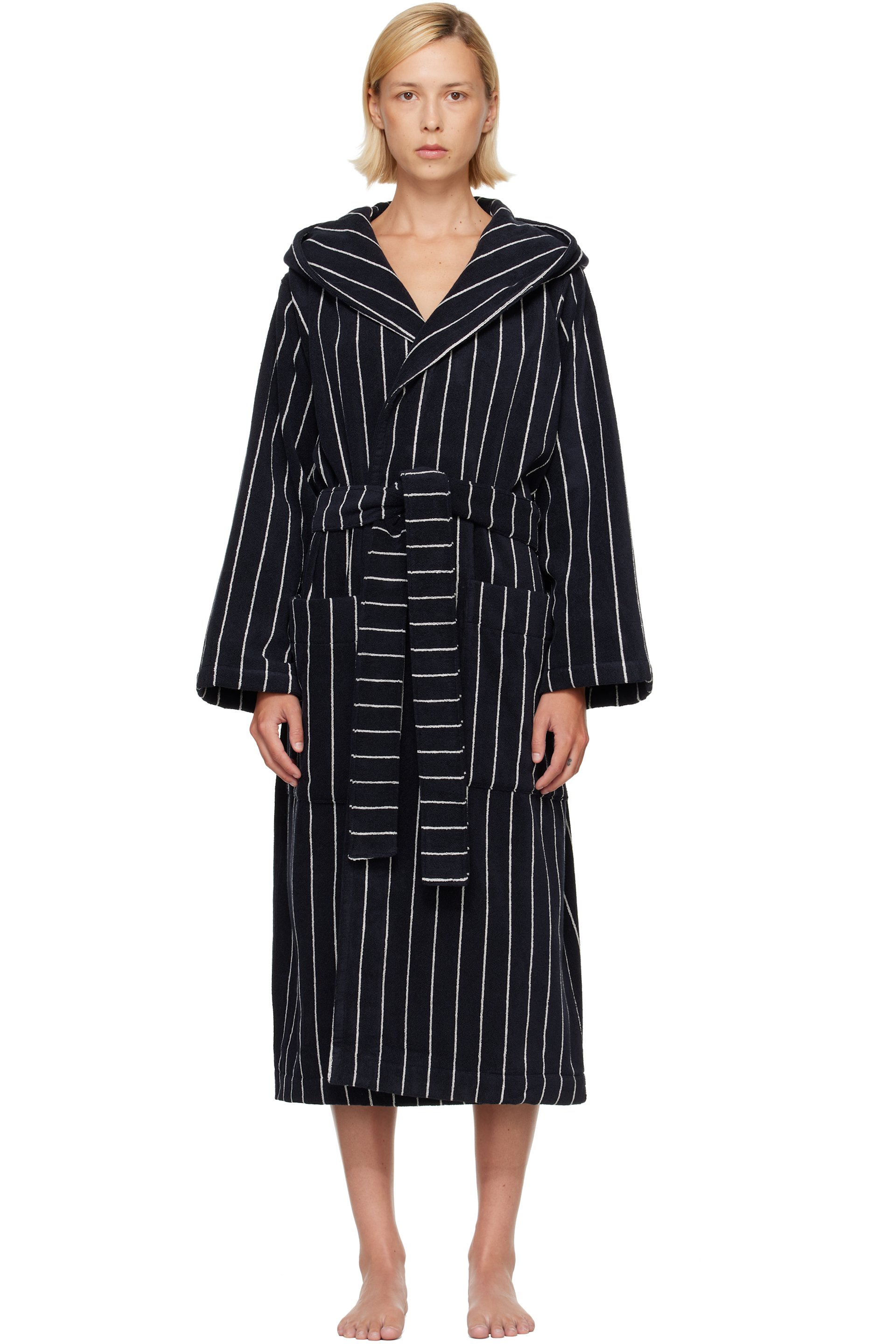 Tekla - Black & White Terry Hooded Bathrobe