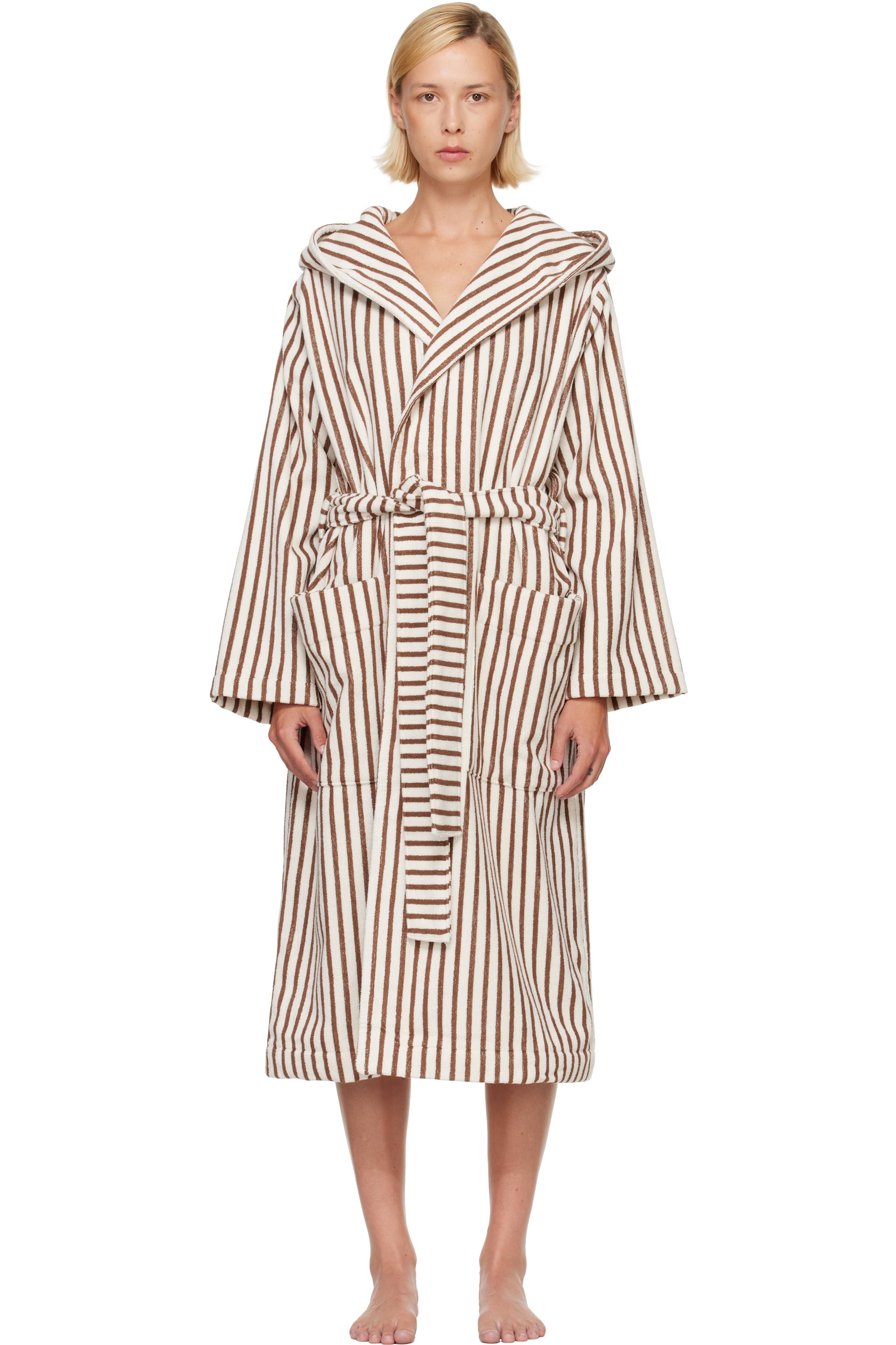 Tekla - Brown & White Terry Hooded Bathrobe