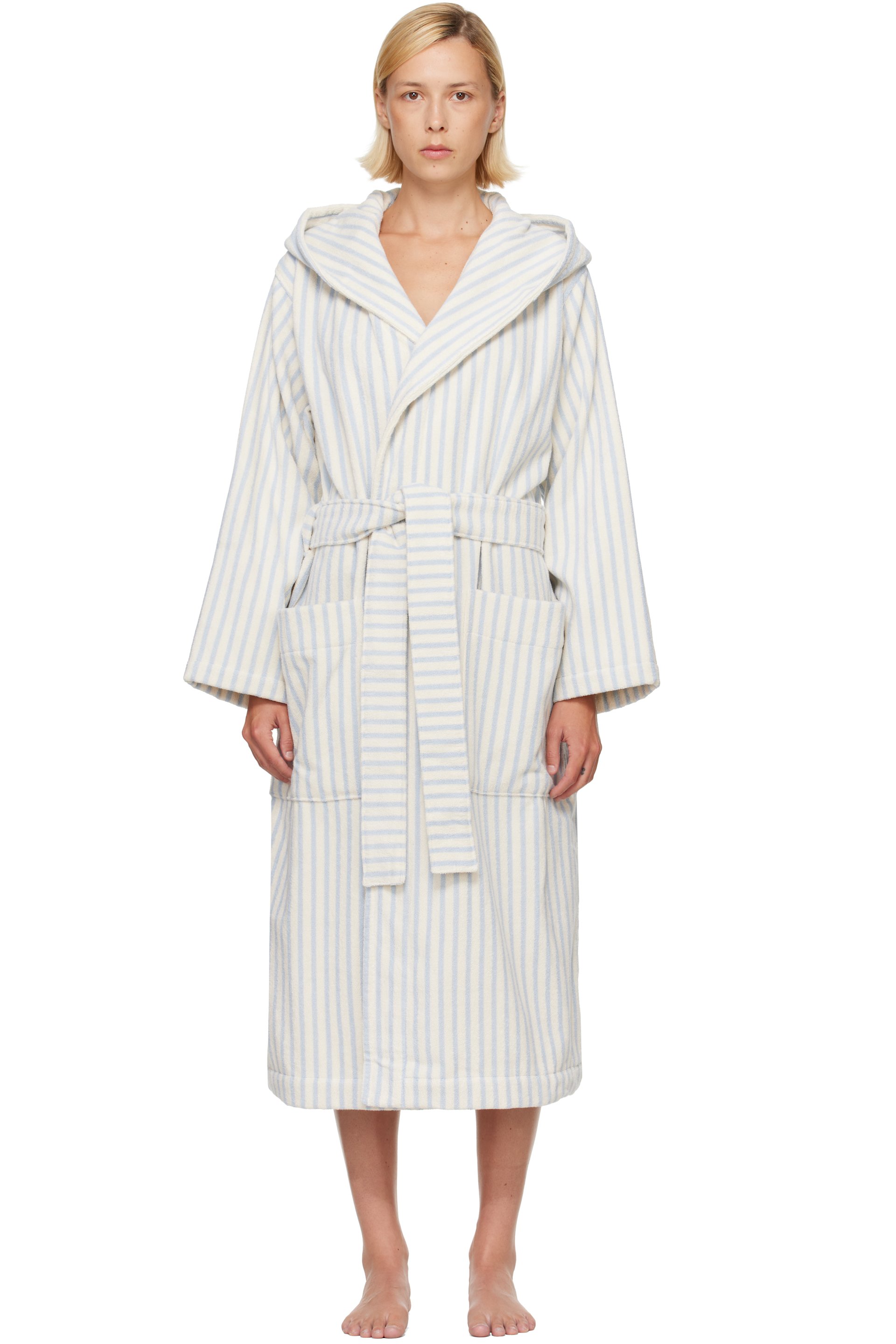 Tekla - White & Blue Terry Hooded Bathrobe