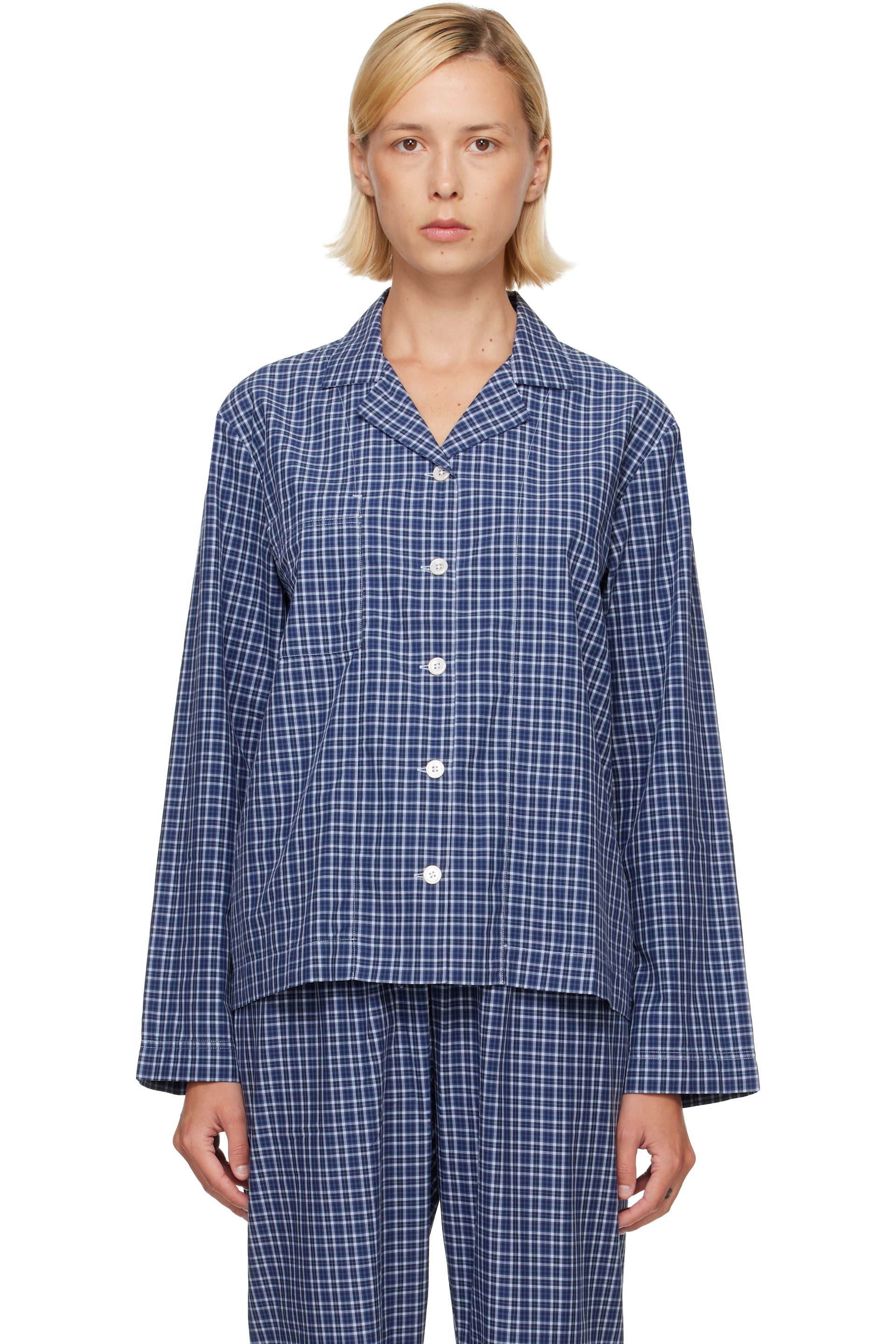 Tekla - Navy Fine Twill Long-Sleeved Pyjama Shirt