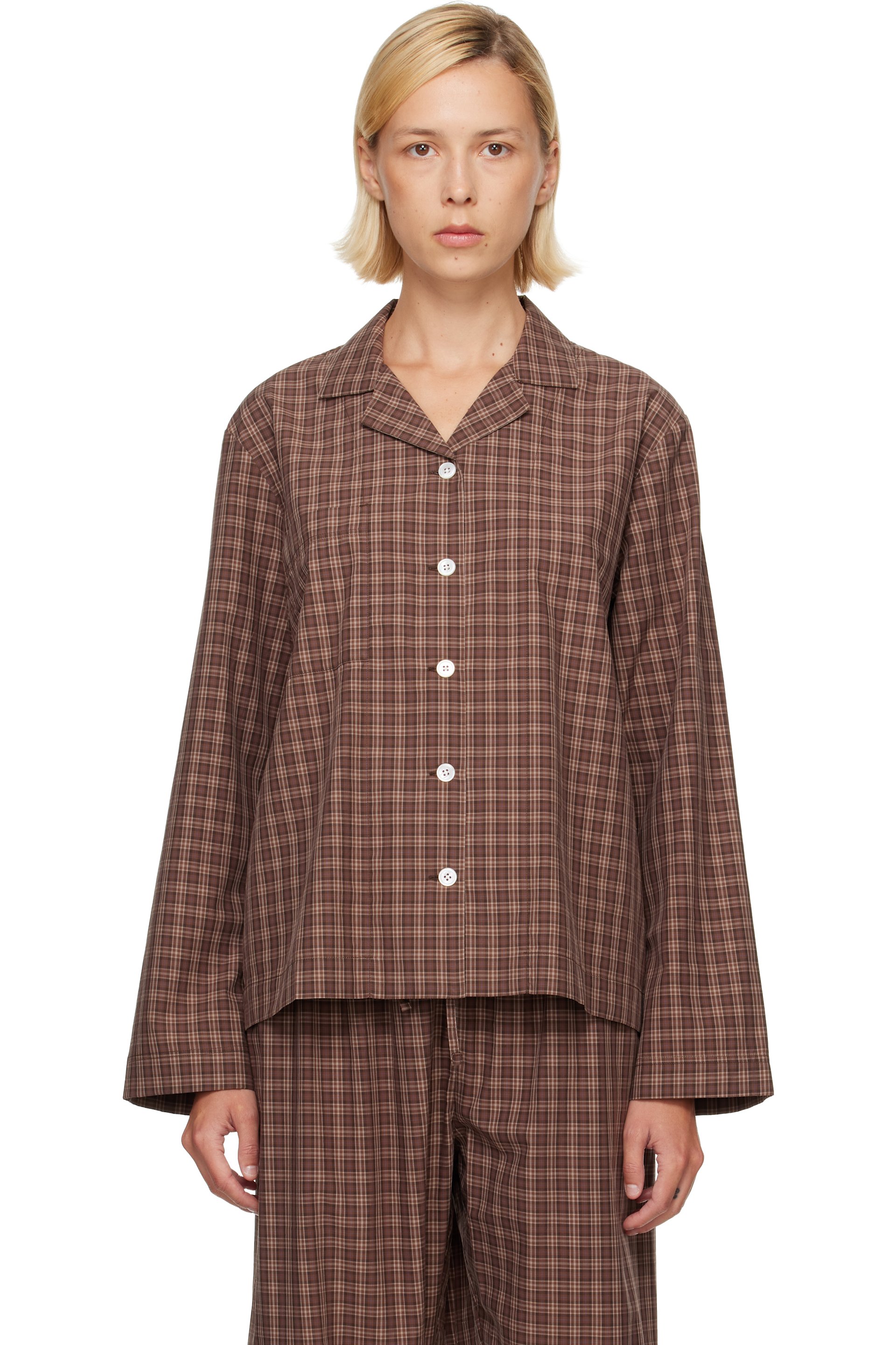 Tekla - Brown Fine Twill Long-Sleeved Pyjama Shirt