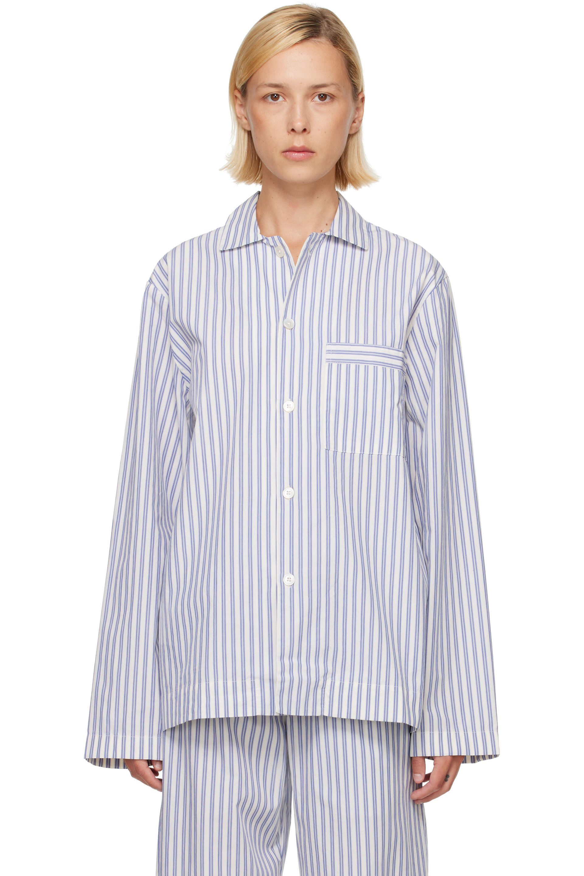 Tekla - Blue & White Poplin Long-Sleeved Pyjama Shirt