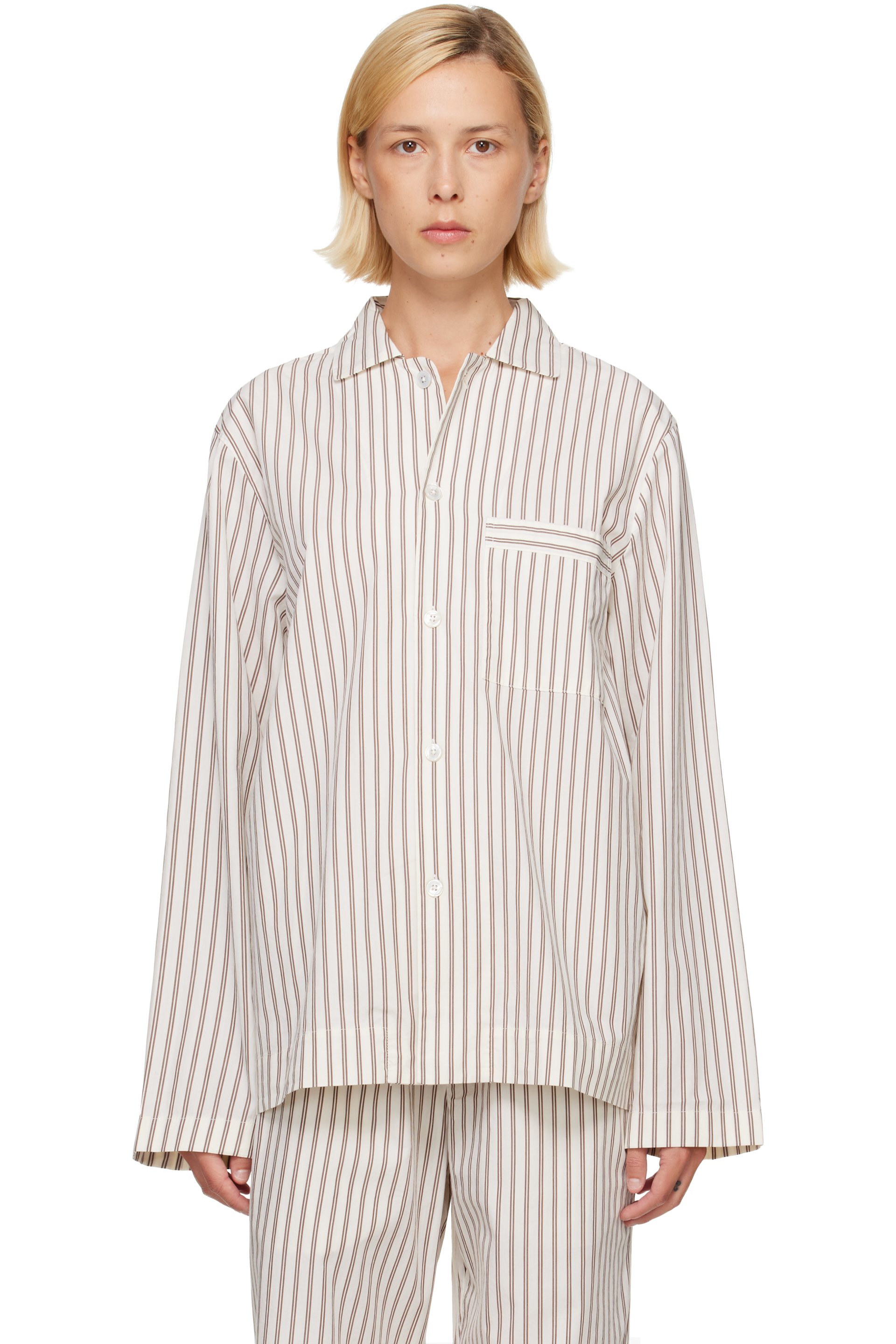 Tekla - Off-White & Brown Poplin Long-Sleeved Pyjama Shirt