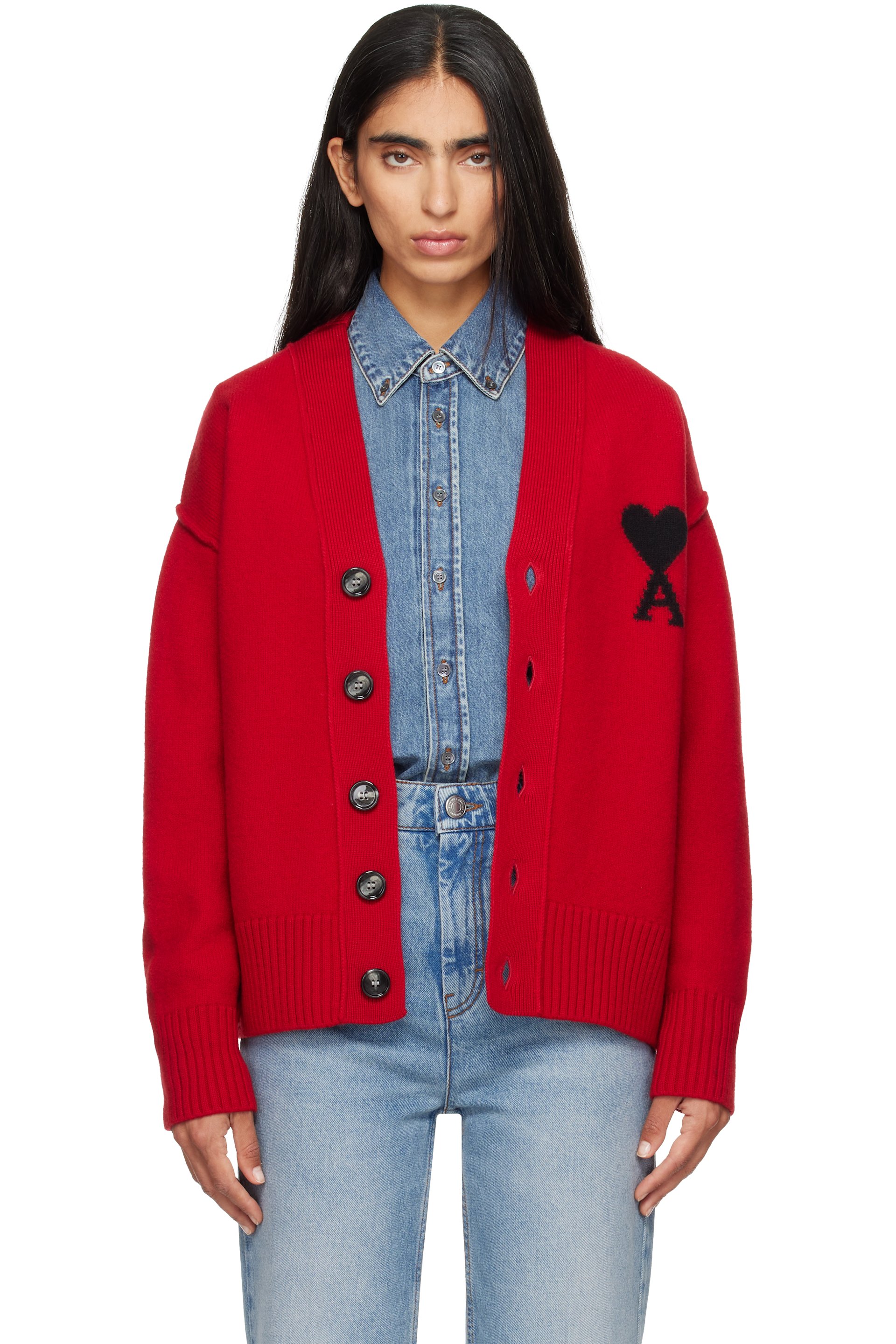AMI Paris - Red Natural Wool Ami De Coeur Cardigan