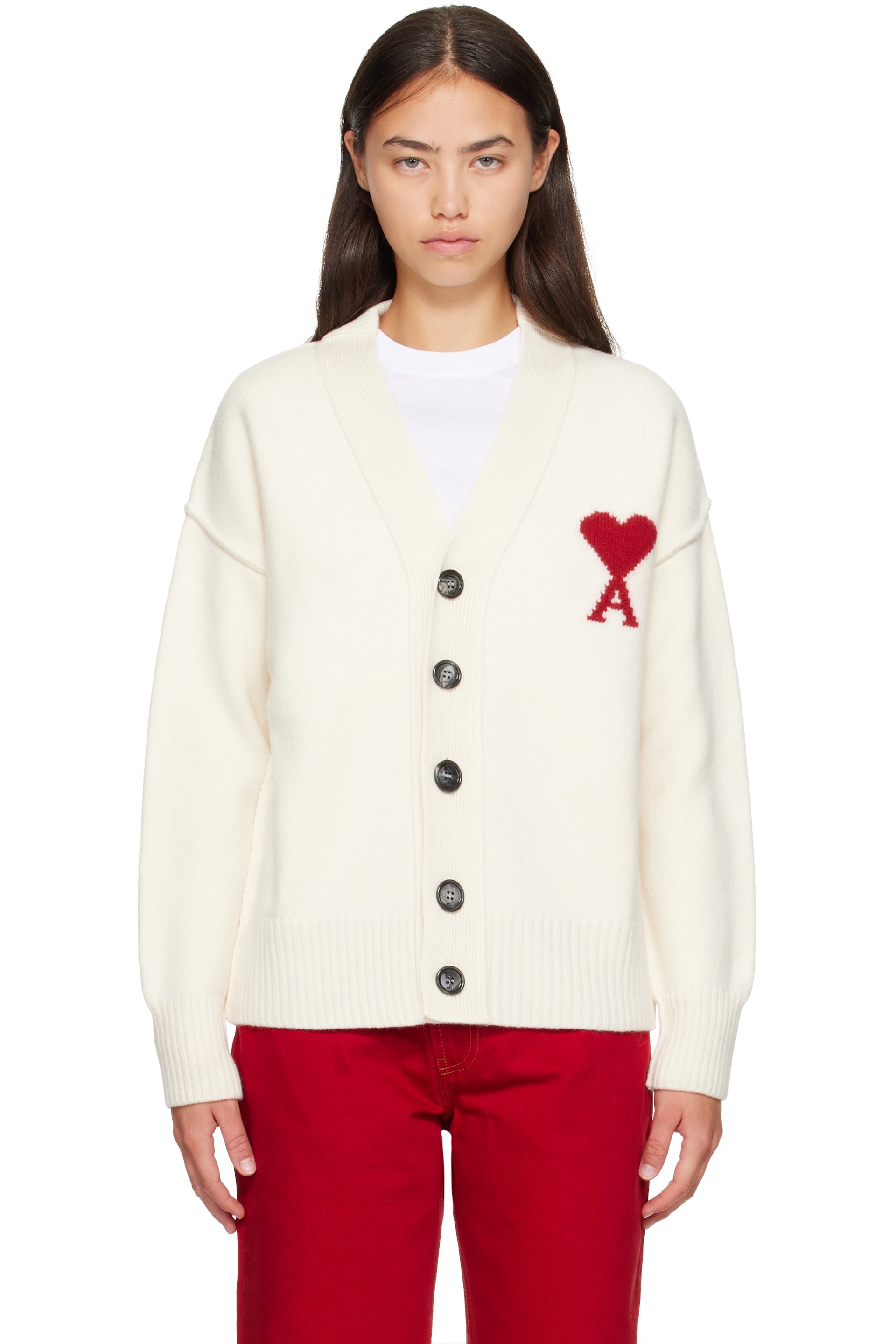 AMI Paris - Off-White Wool Ami de Coeur Cardigan