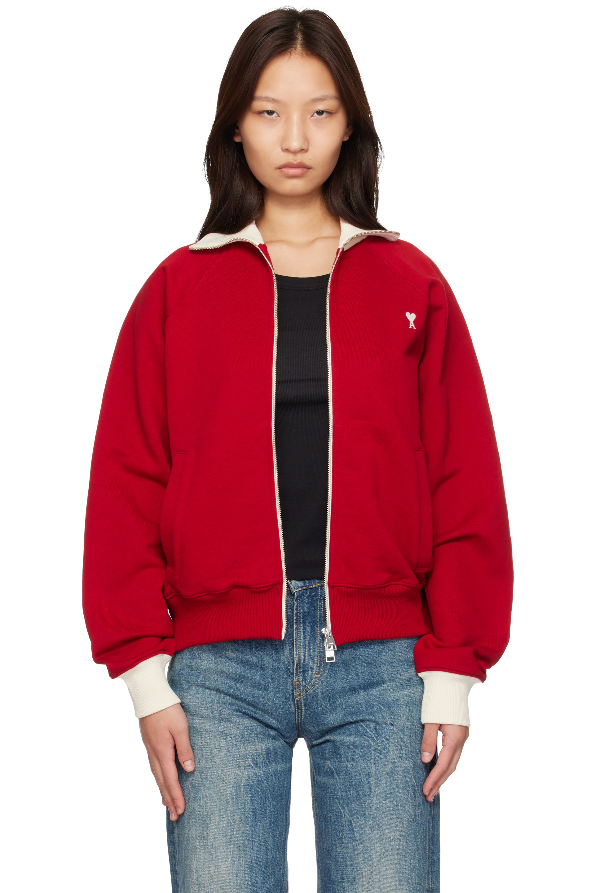 AMI Paris - Red Zipped Cotton Ami de Coeur Sweatshirt