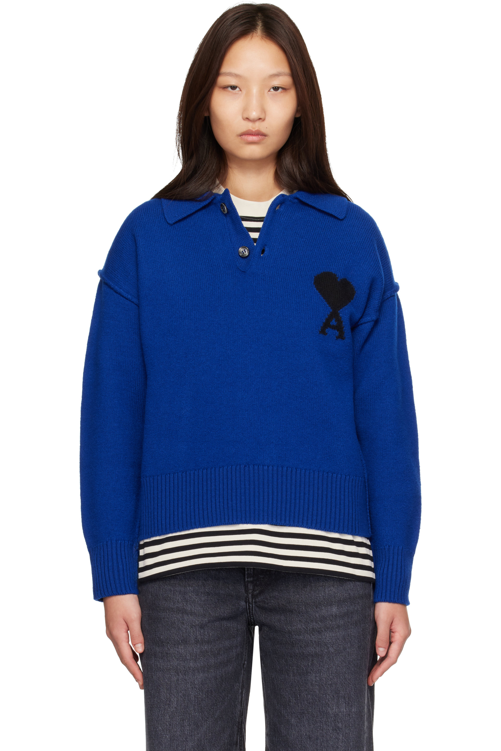 AMI Paris - Blue Wool Ami de Coeur Polo