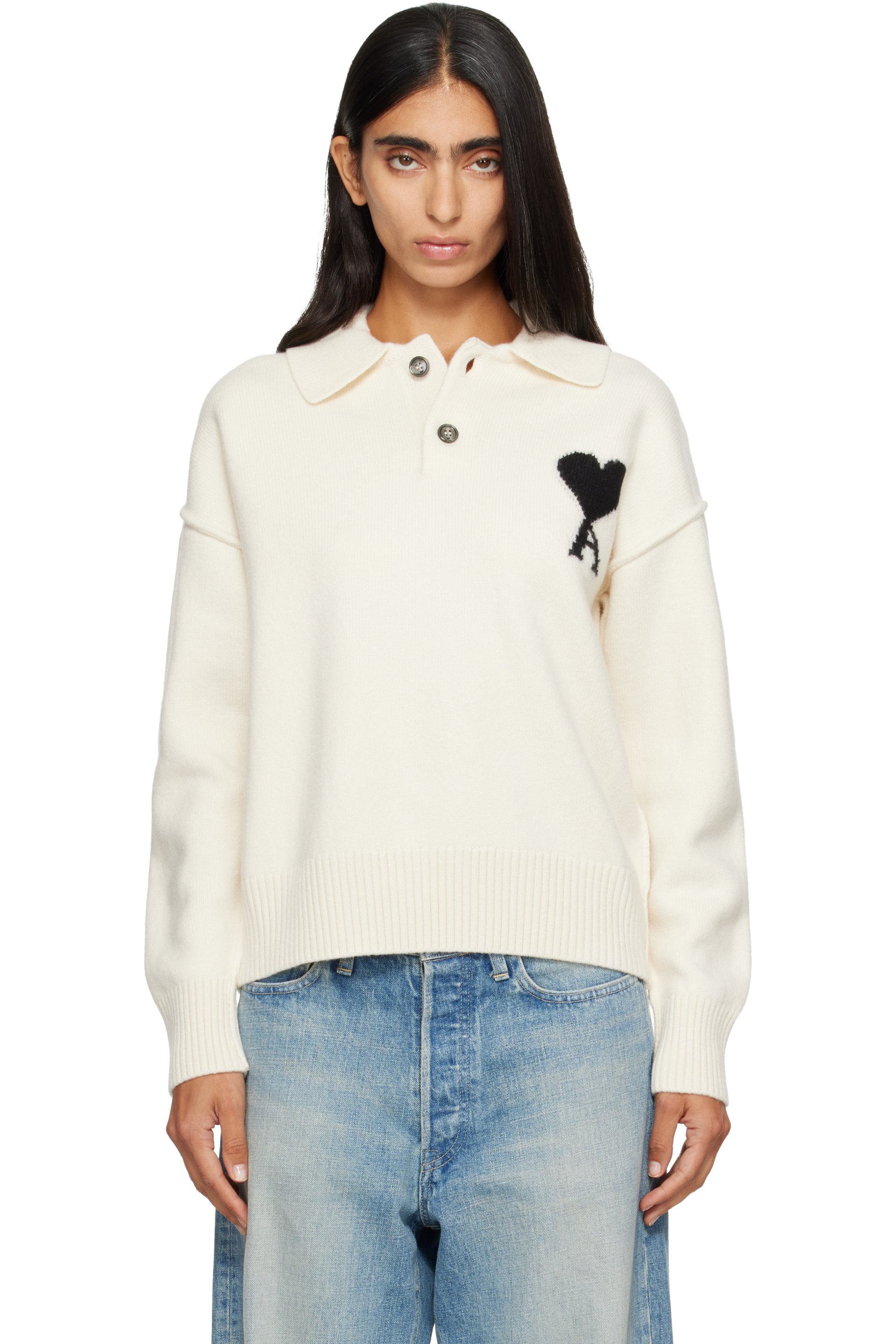 AMI Paris - Off-White Ami de Coeur Wool Polo