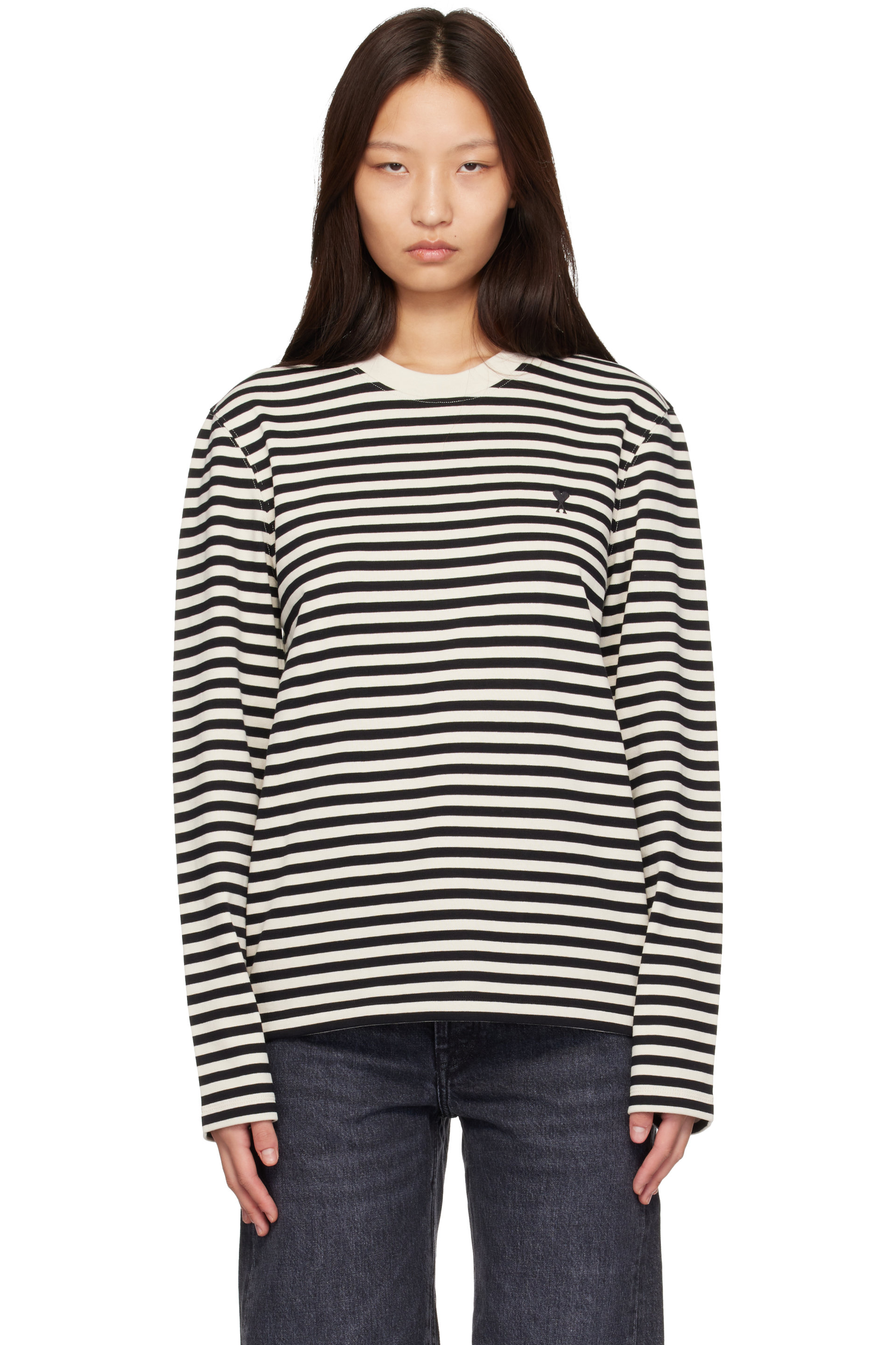 AMI Paris - Black & Off-White Mariniere Cotton Ami De Coeur T-shirt