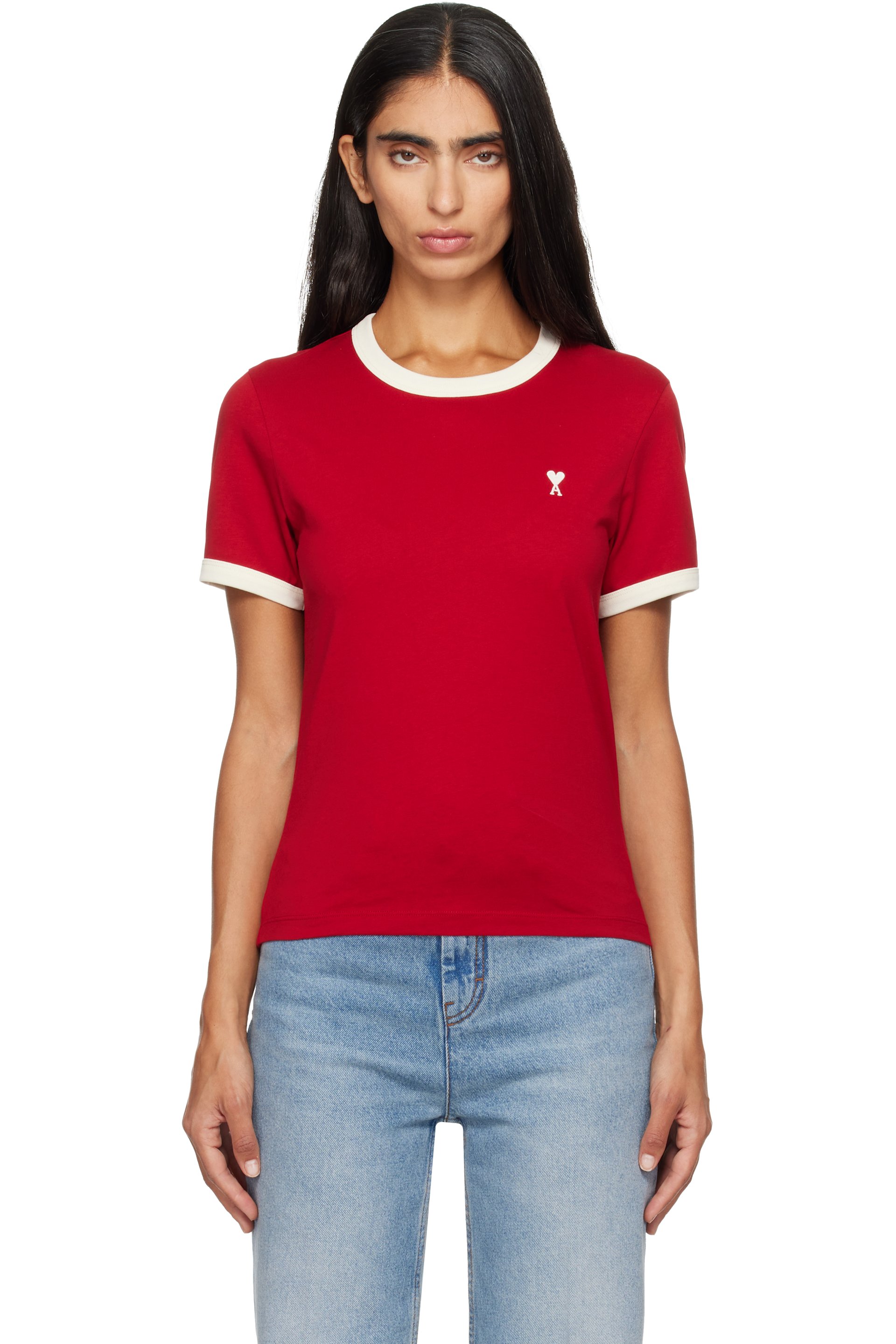 AMI Paris - Red Ami De Coeur Contrasted Cotton T-shirt