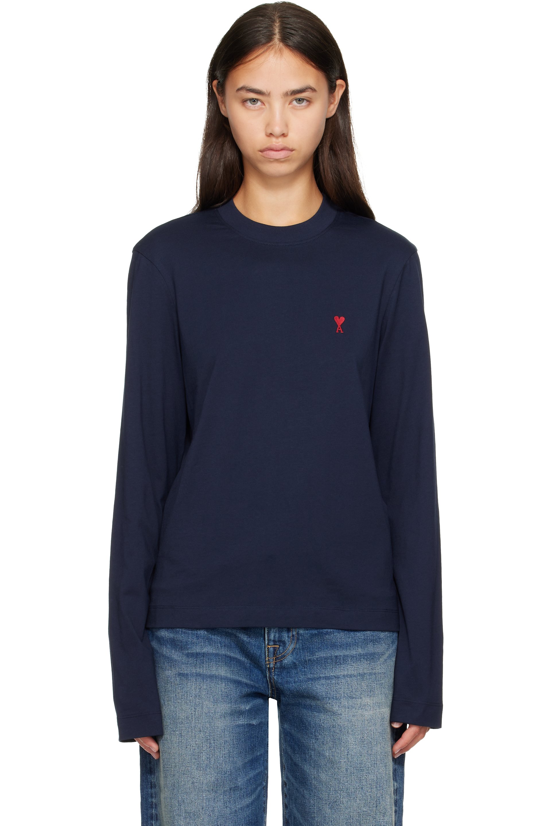 AMI Paris - Navy Cotton Longsleeves Ami de Coeur T-shirt