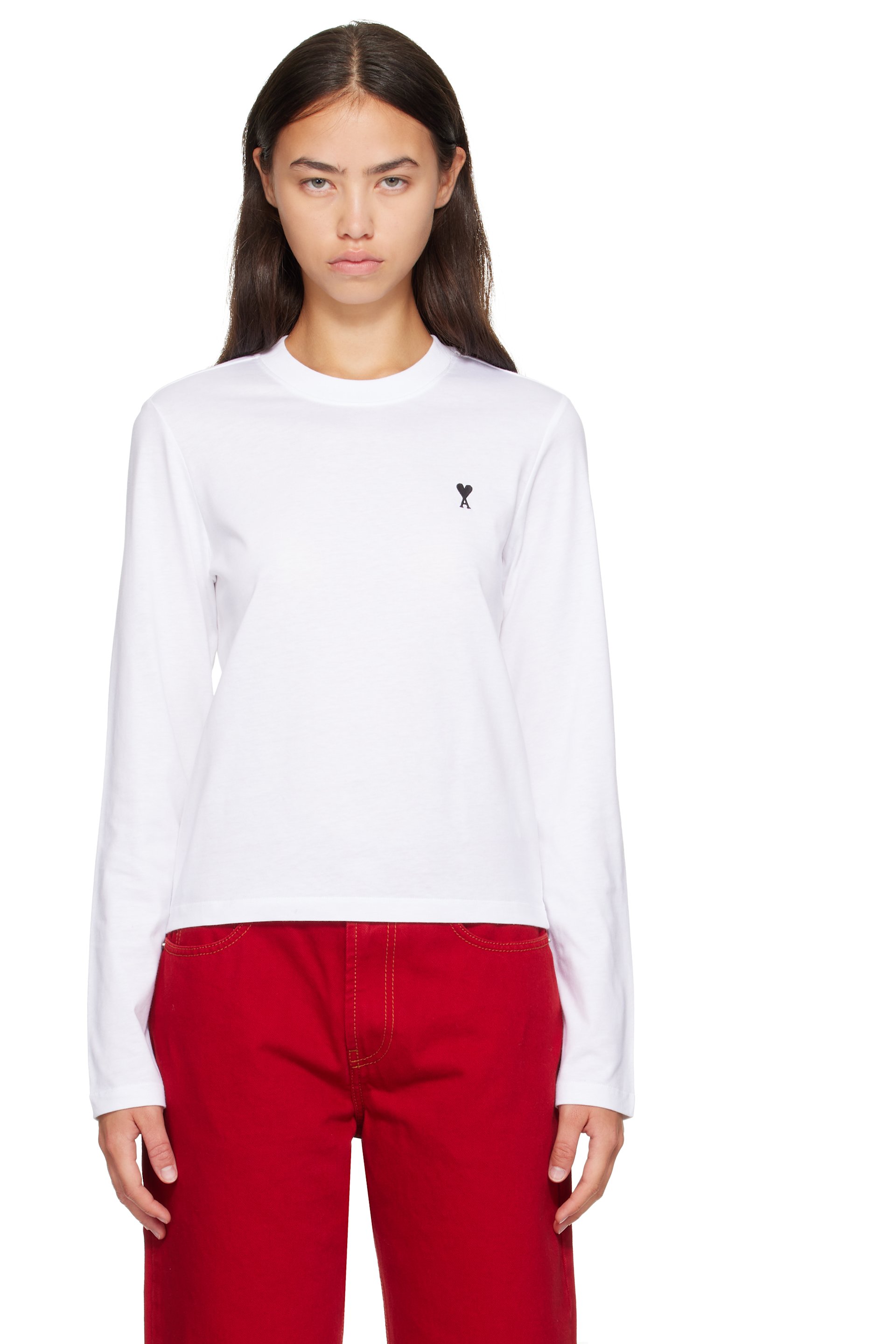 AMI Paris - White Cotton Longsleeves Ami de Coeur T-shirt