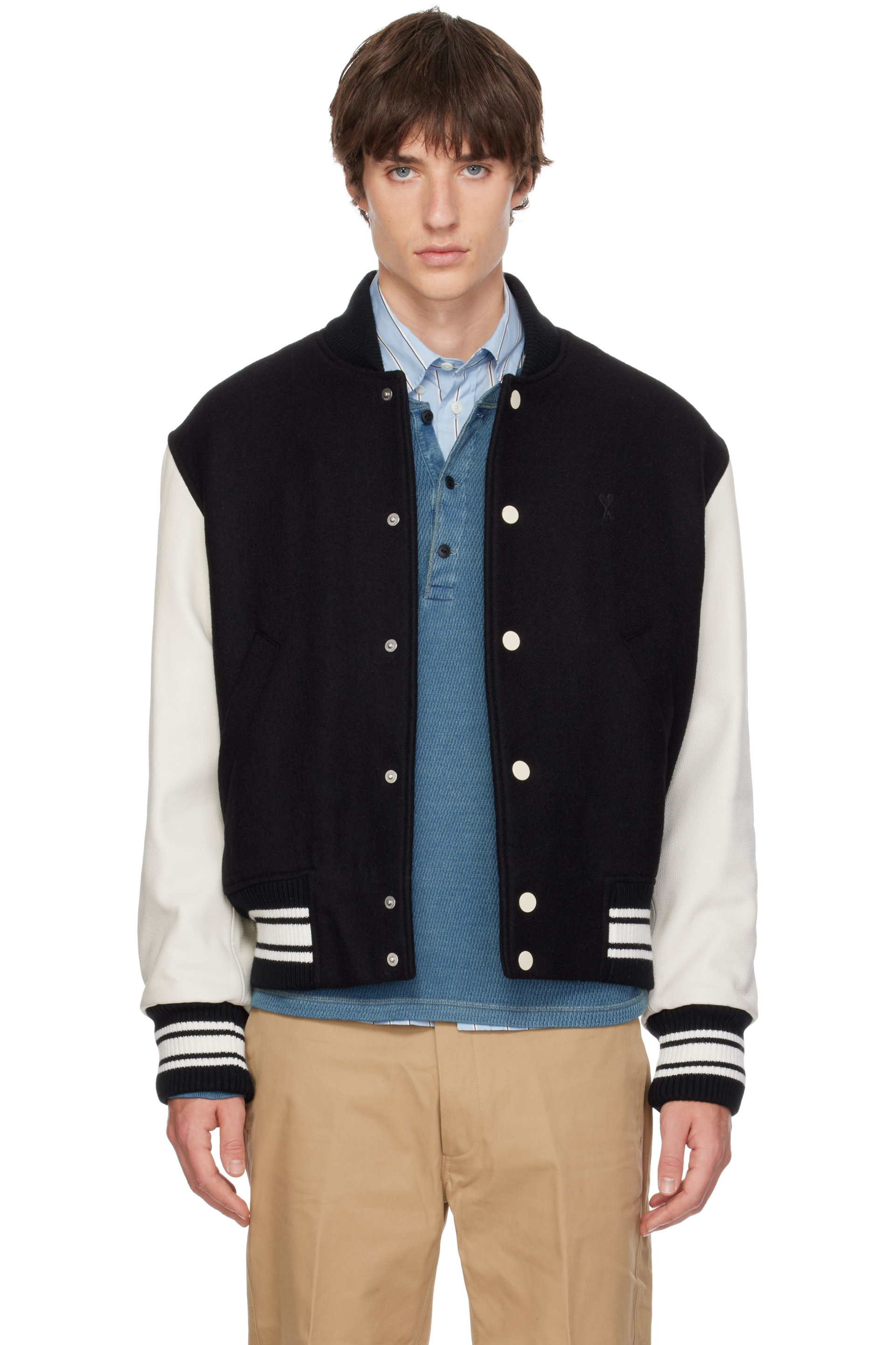 AMI Paris - Blouson teddy rembourré noir et blanc cassé à logo Ami de cœur
