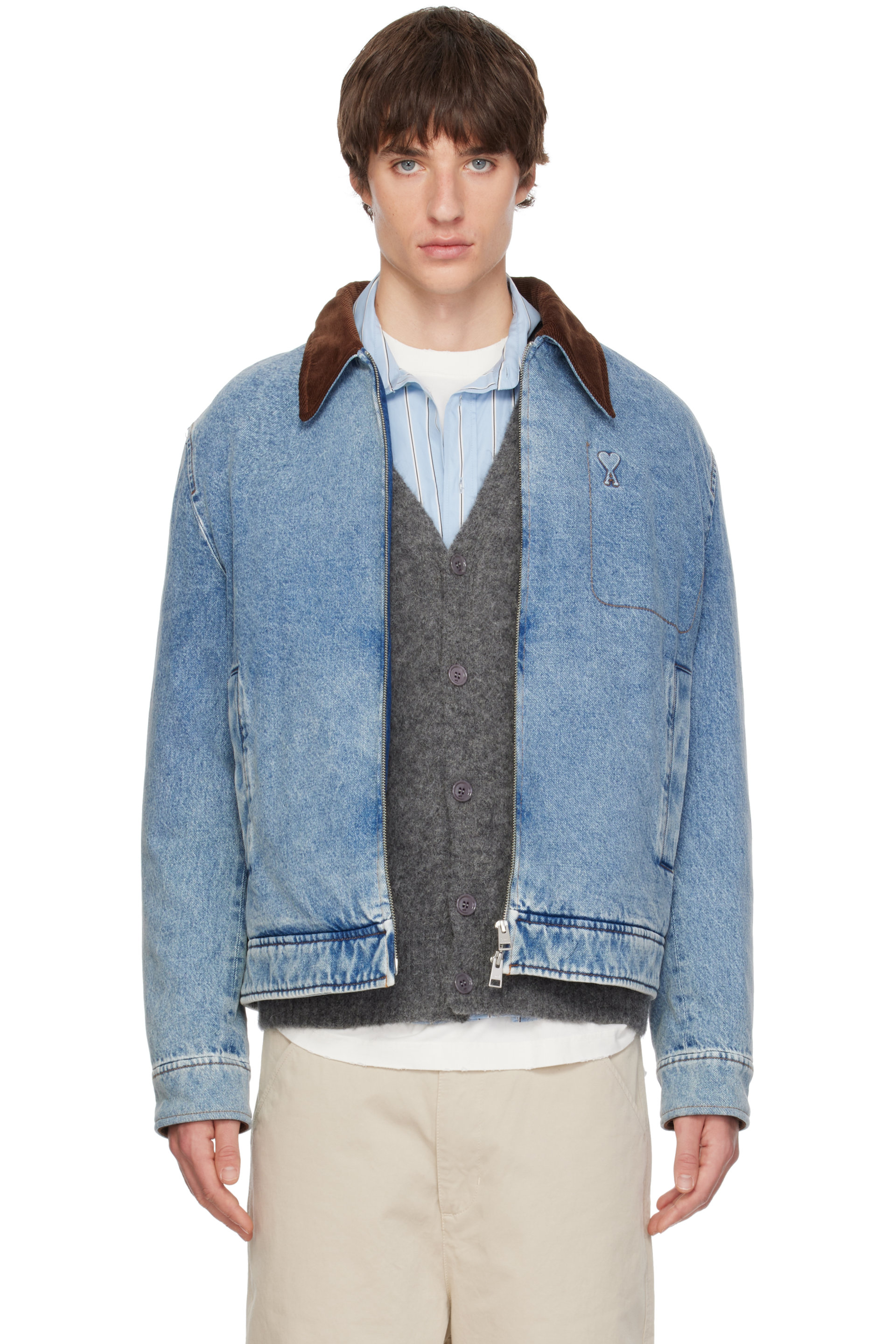 AMI Paris - Blouson bleu en denim à glissière et à logo Ami de cœur