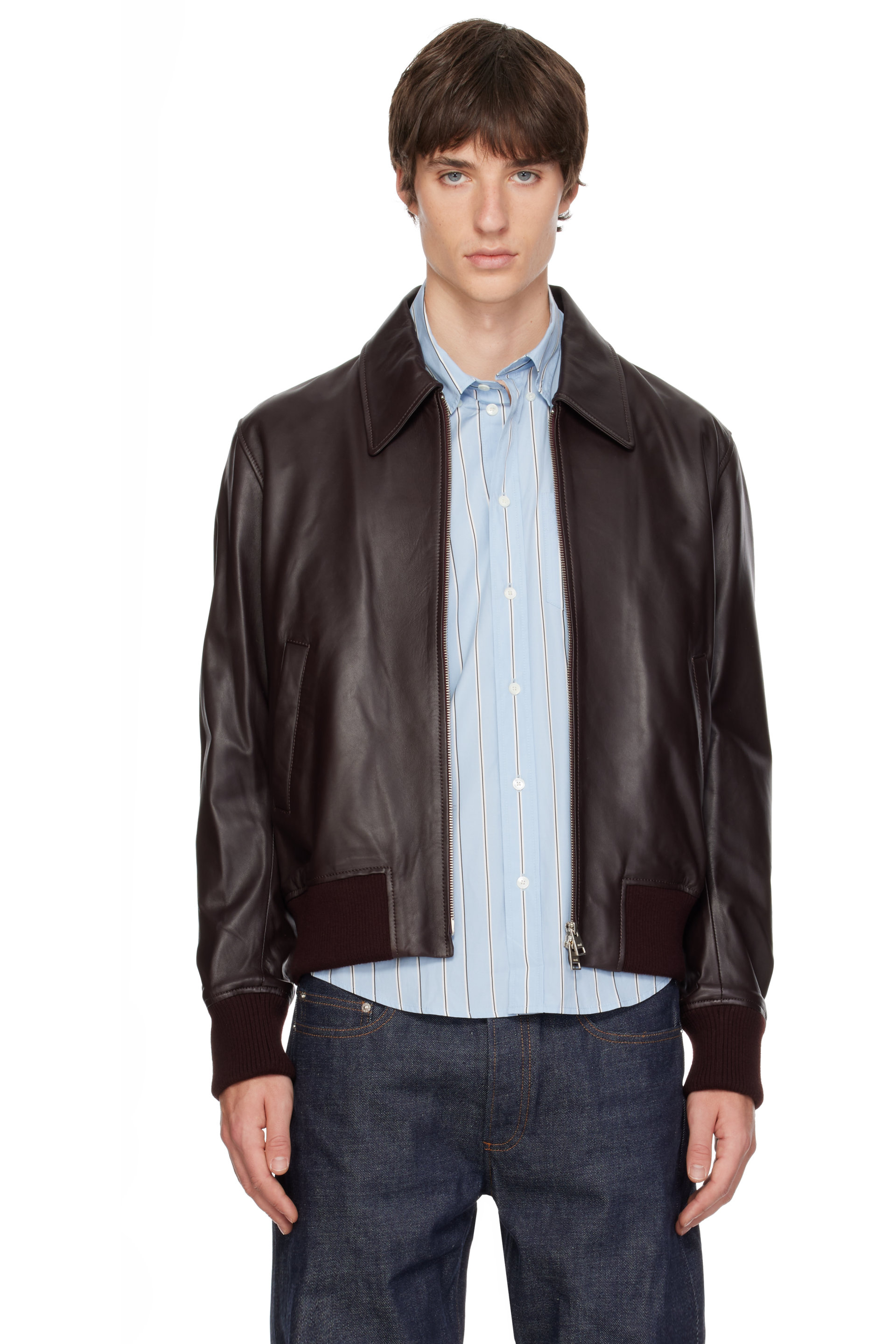 AMI Paris - Blouson brun en cuir d'agneau à glissière