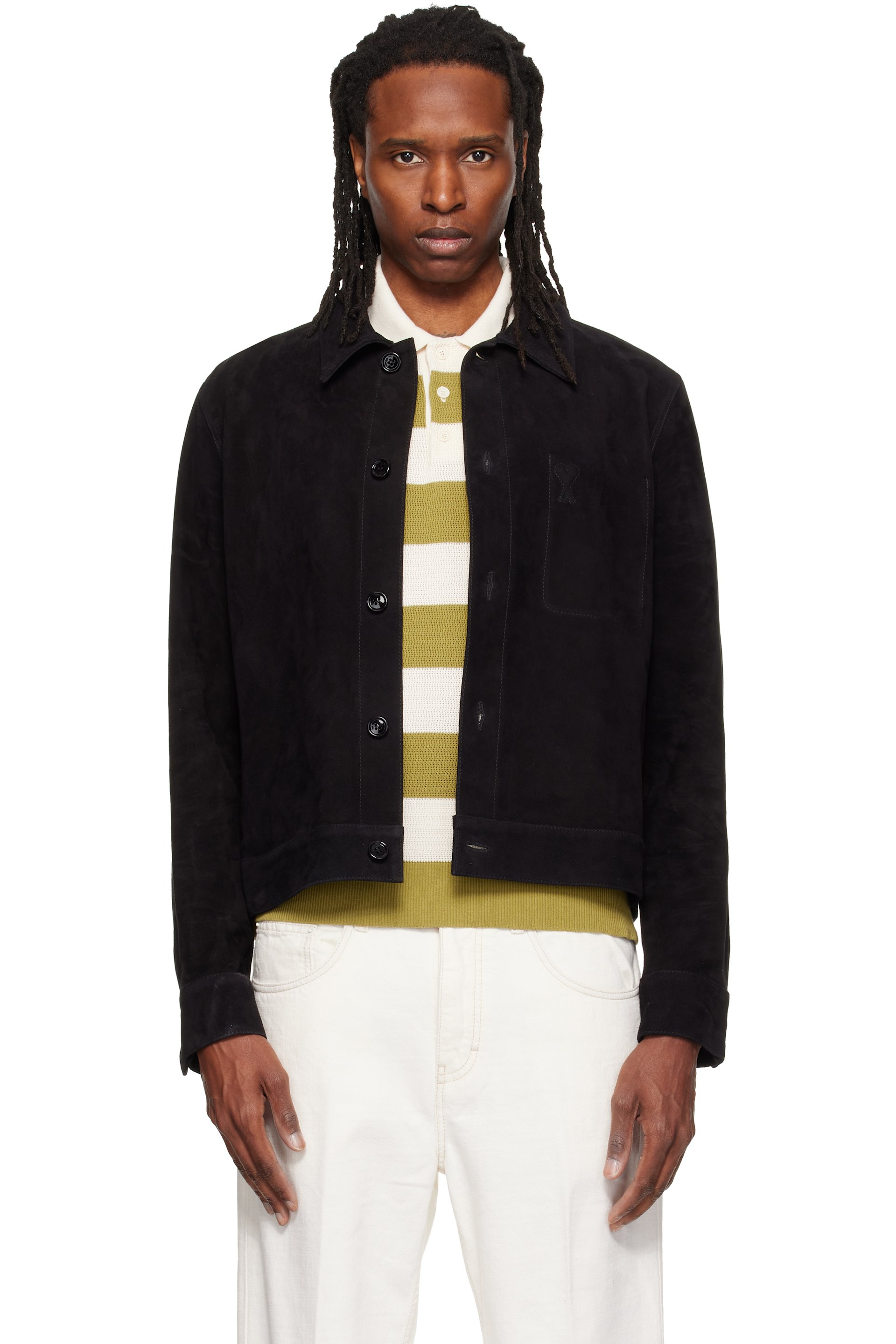 AMI Paris - Blouson noir en cuir et en suède à logo gaufré Ami de cœur