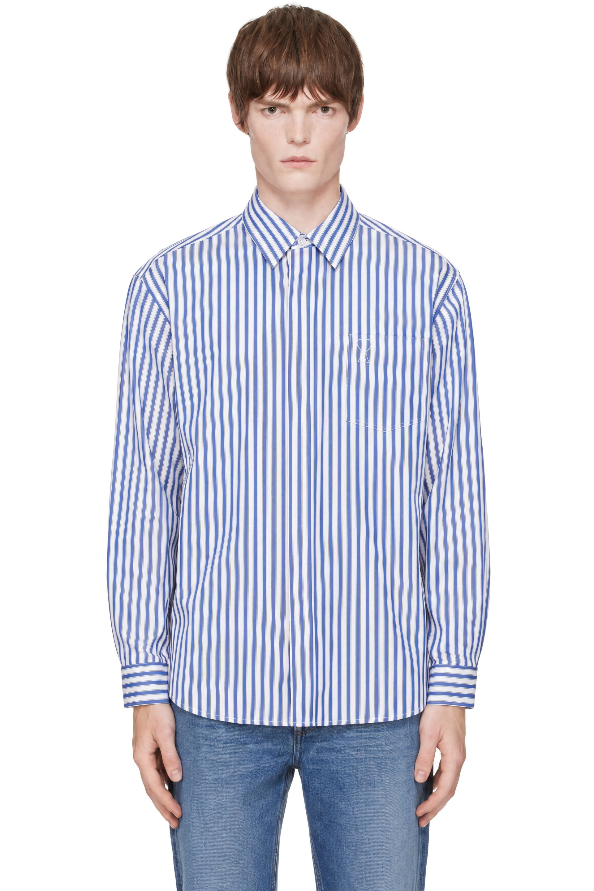 AMI Paris - Blue Large Striped Embossed Ami de Coeur Shirt