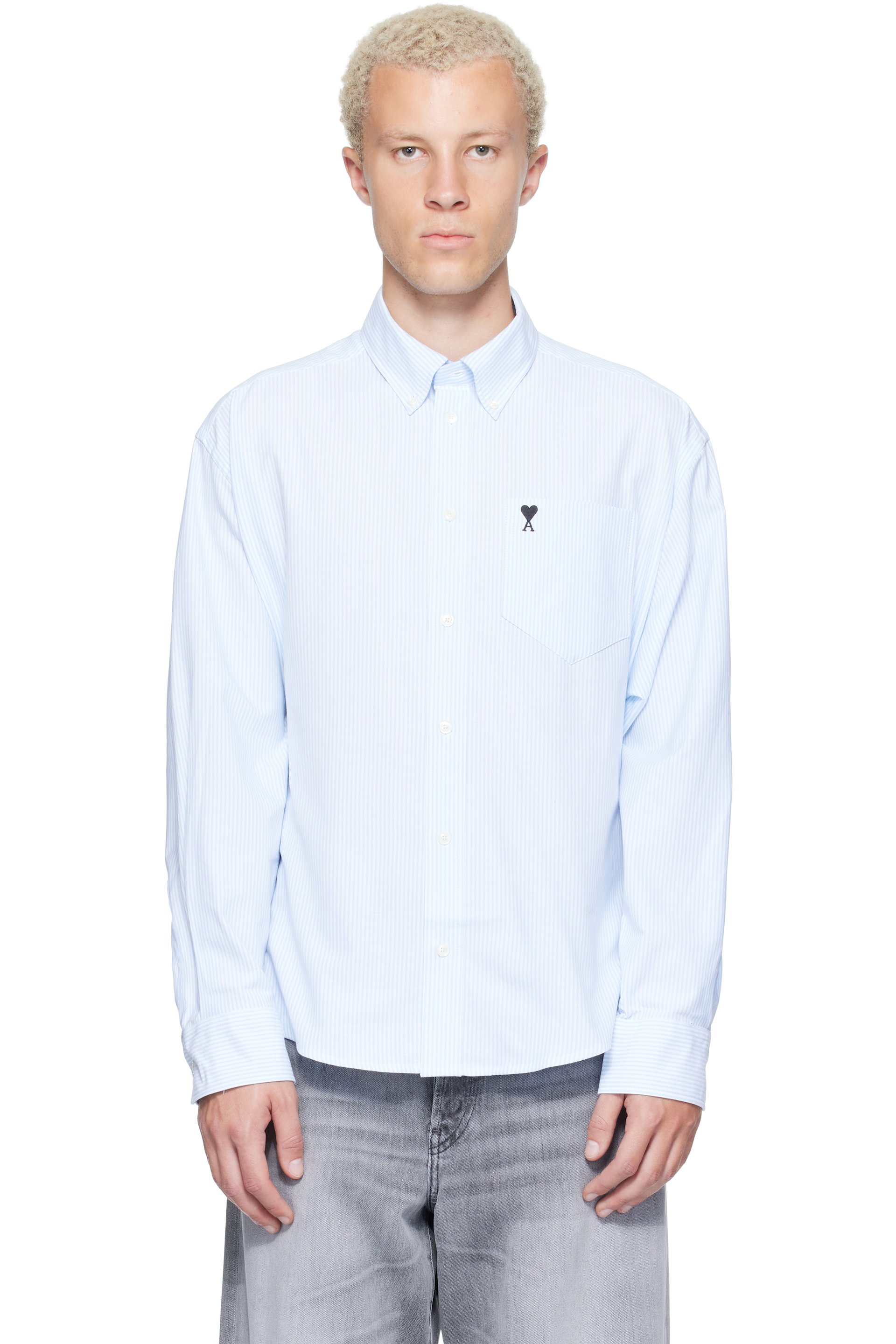 AMI Paris - White & Blue Boxy Cotton Ami de Coeur Shirt